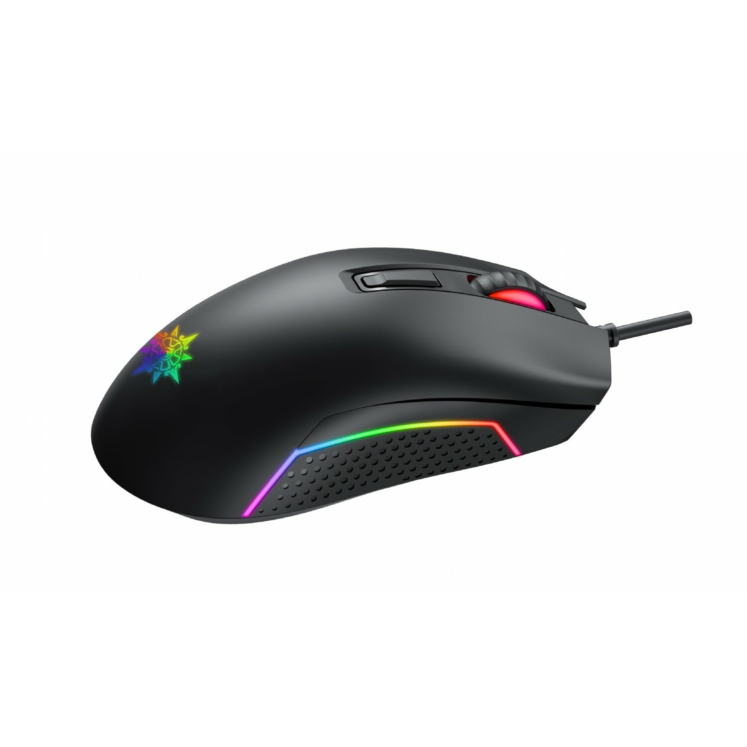 Eine schwarze Gaming-Maus mit bunten Lichtern.