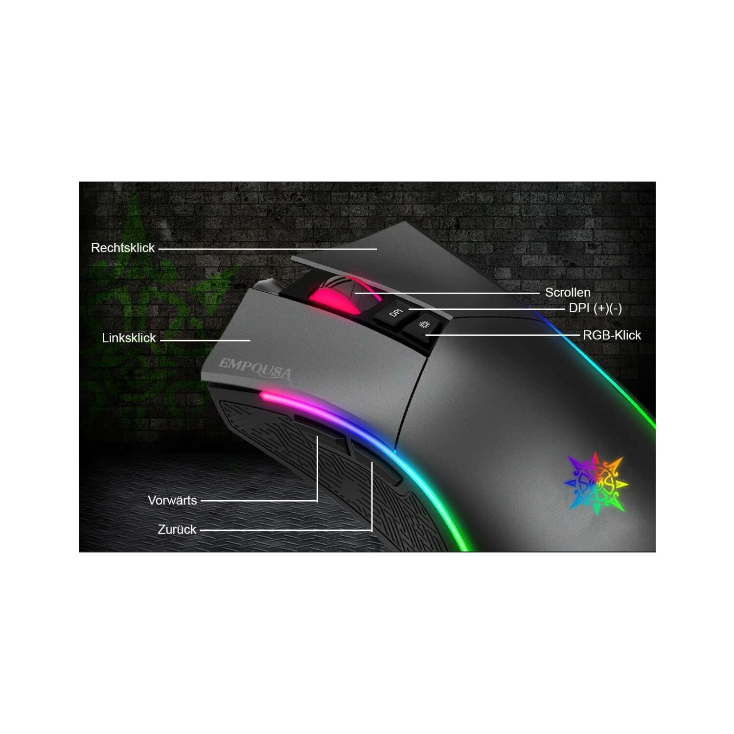 Zwarte gamingmuis met verlichte randen en knoppen gelabeld voor functies.