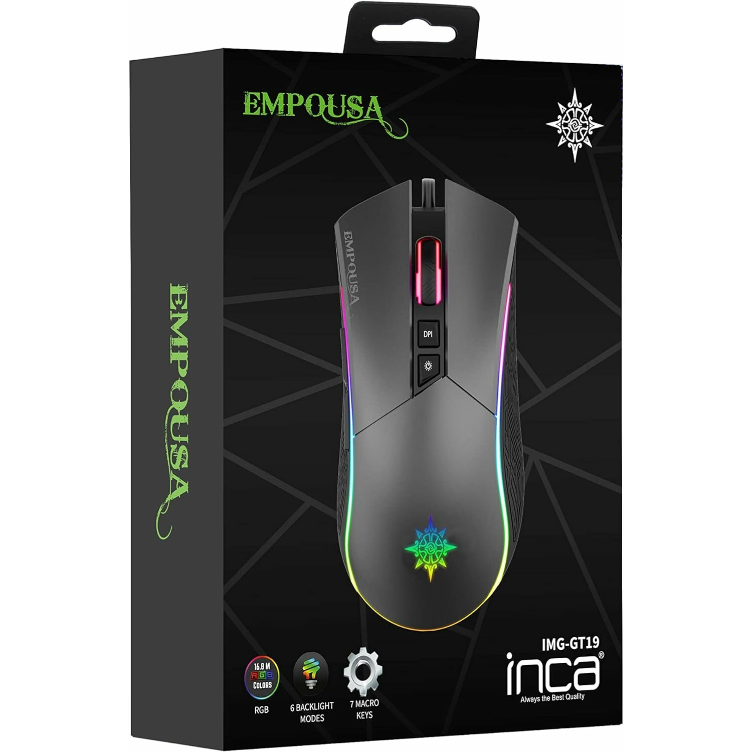 Souris gaming noire et grise avec éclairage coloré et emballage du produit.