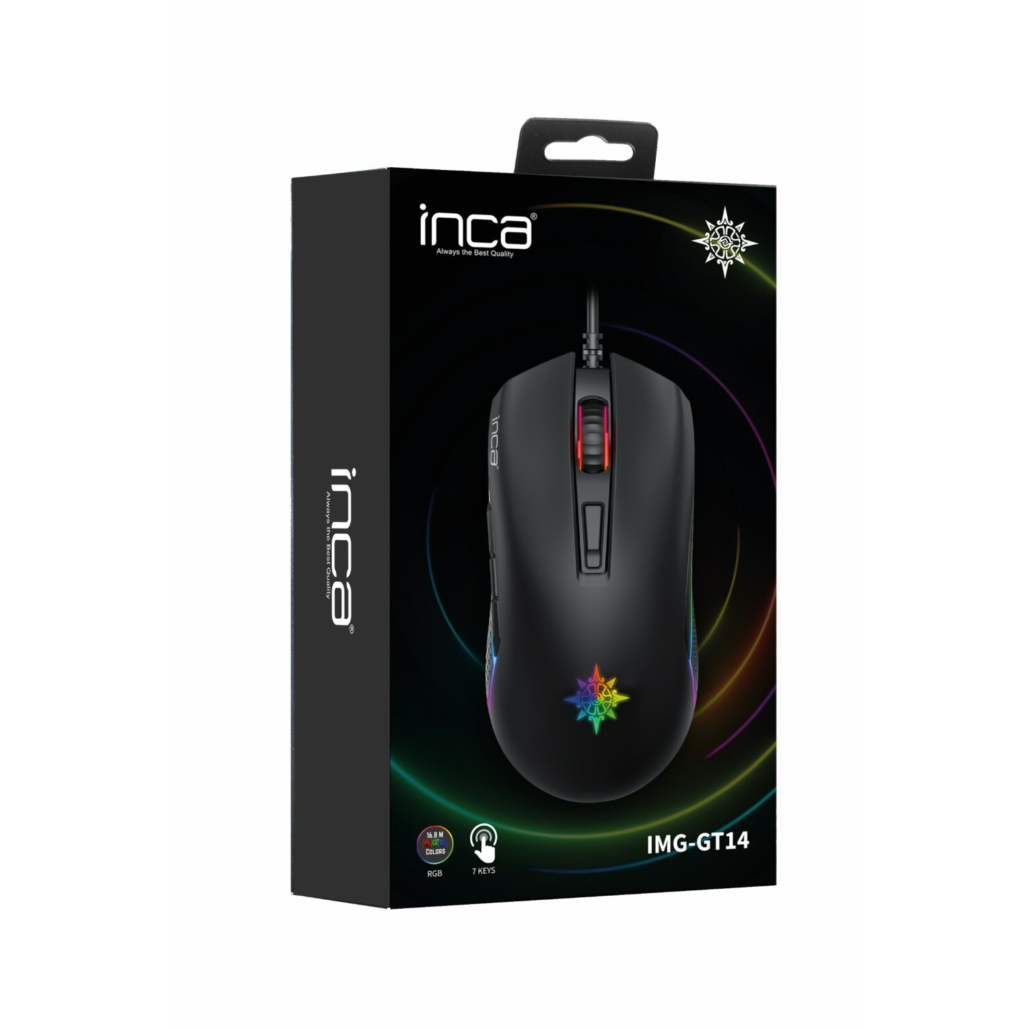 Schwarze Gaming-Maus in einer Box, mit RGB-Beleuchtung. 'inca' und 'IMG-GT14' sind sichtbar.