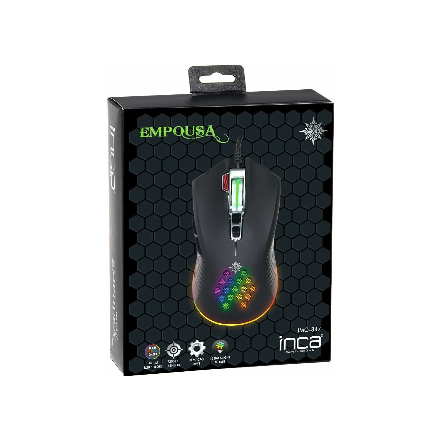 Schwarze Gaming-Maus mit bunten Lichtern, die Box ist auch im Bild.