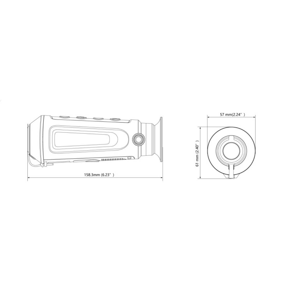 Un diagrama de un dispositivo, con dimensiones. El dispositivo tiene un ocular y botones.