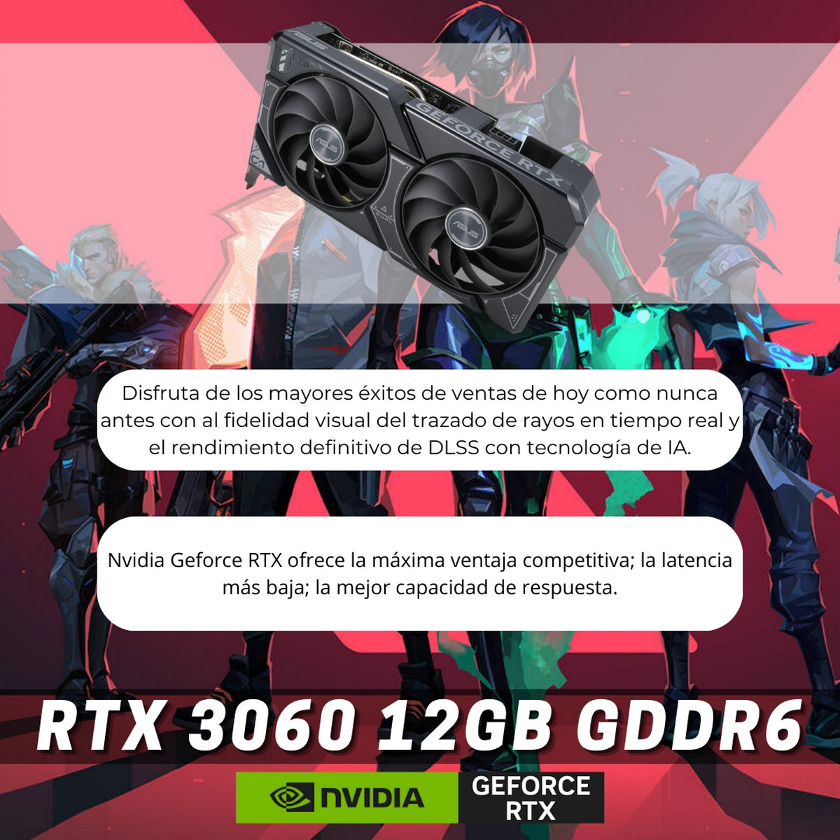 Una tarjeta gráfica con diseño negro. El texto indica RTX 3060 12GB GDDR6, Nvidia GeForce RTX.