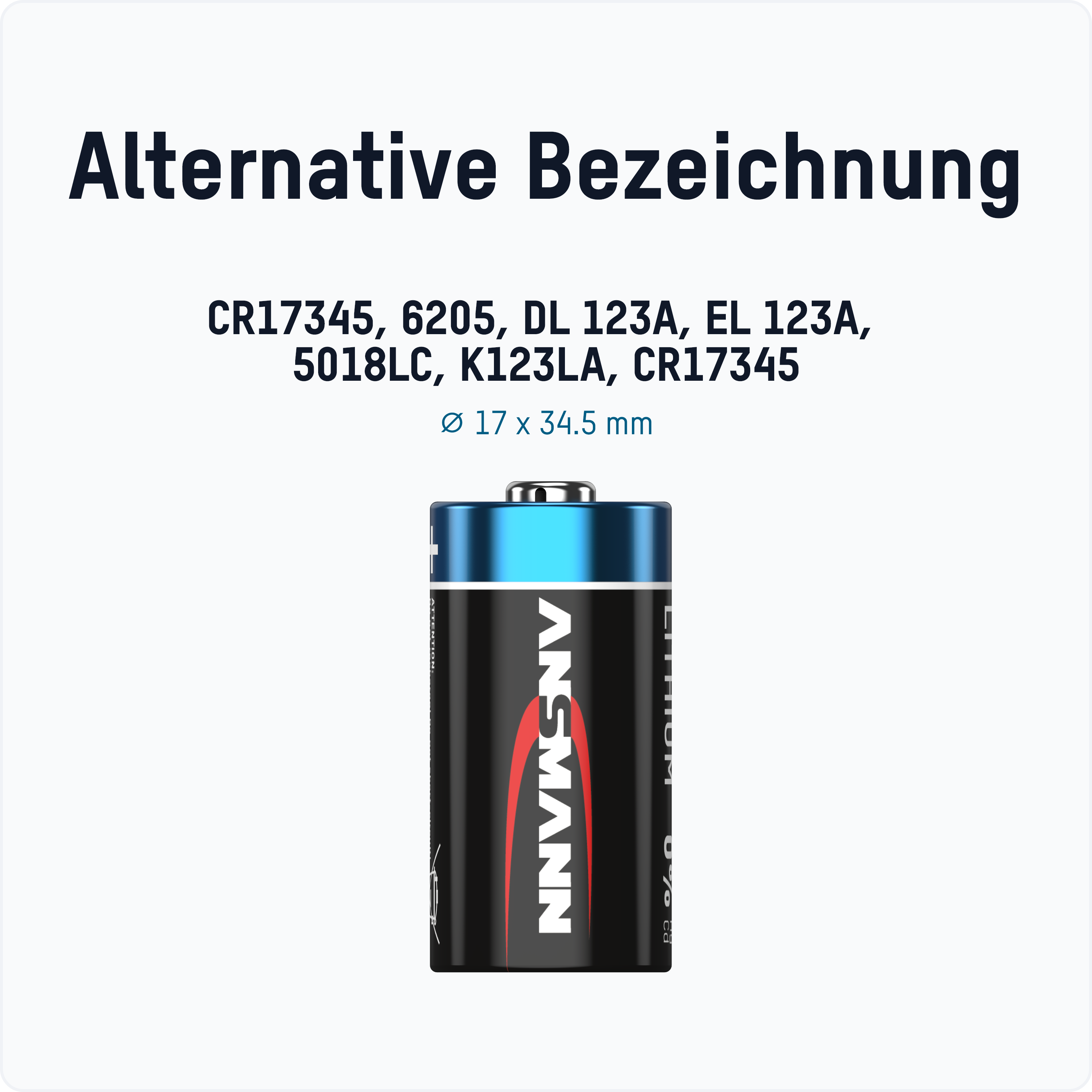 Eine kleine, zylindrische Lithiumbatterie mit blauem, weißem und rotem Branding.