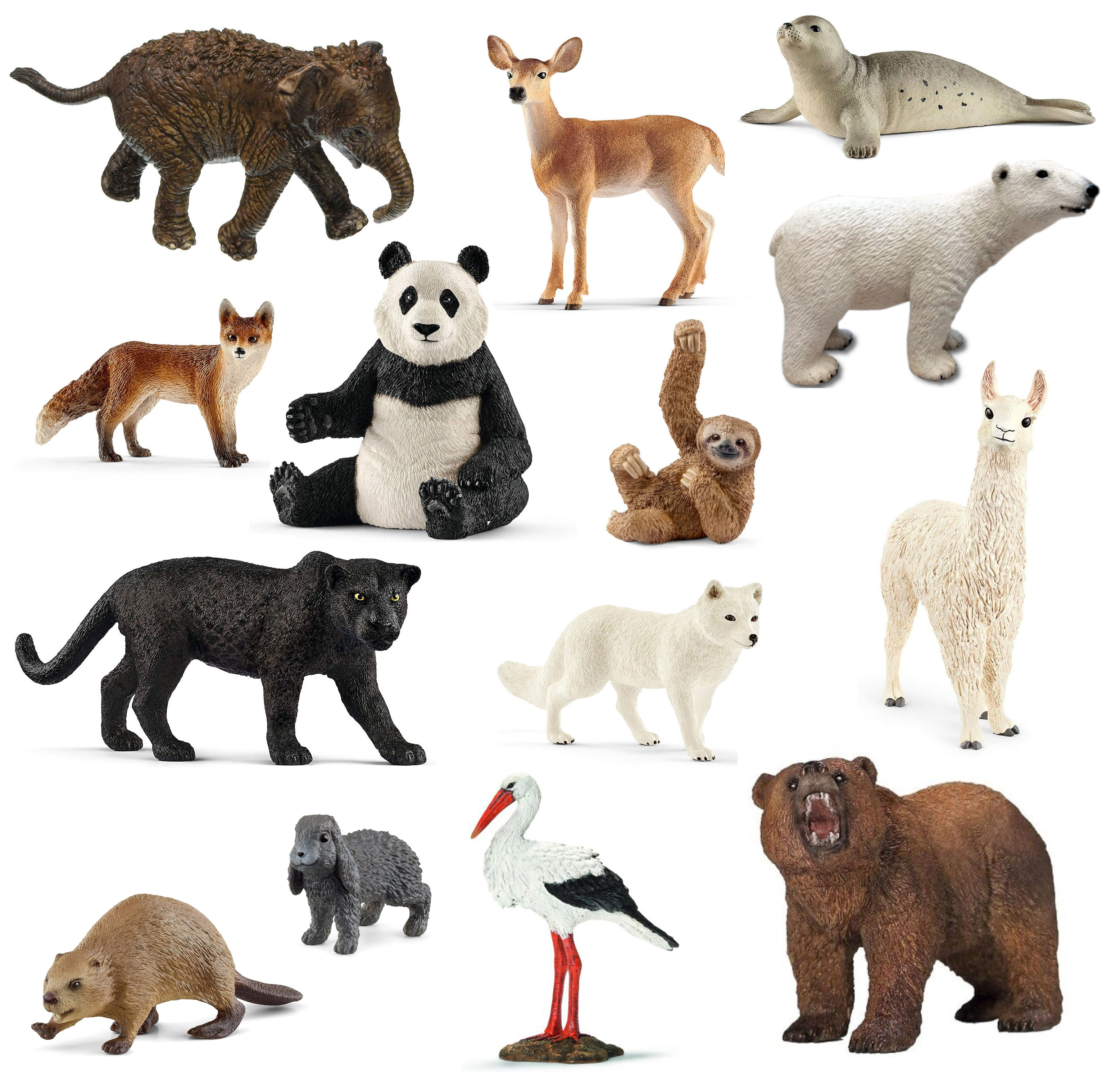Eine Sammlung von Spielzeugtieren: Elefant, Hirsch, Seehund, Fuchs, Panda, Faultier, Lama, Bär, Wolf, Biber und Bär.