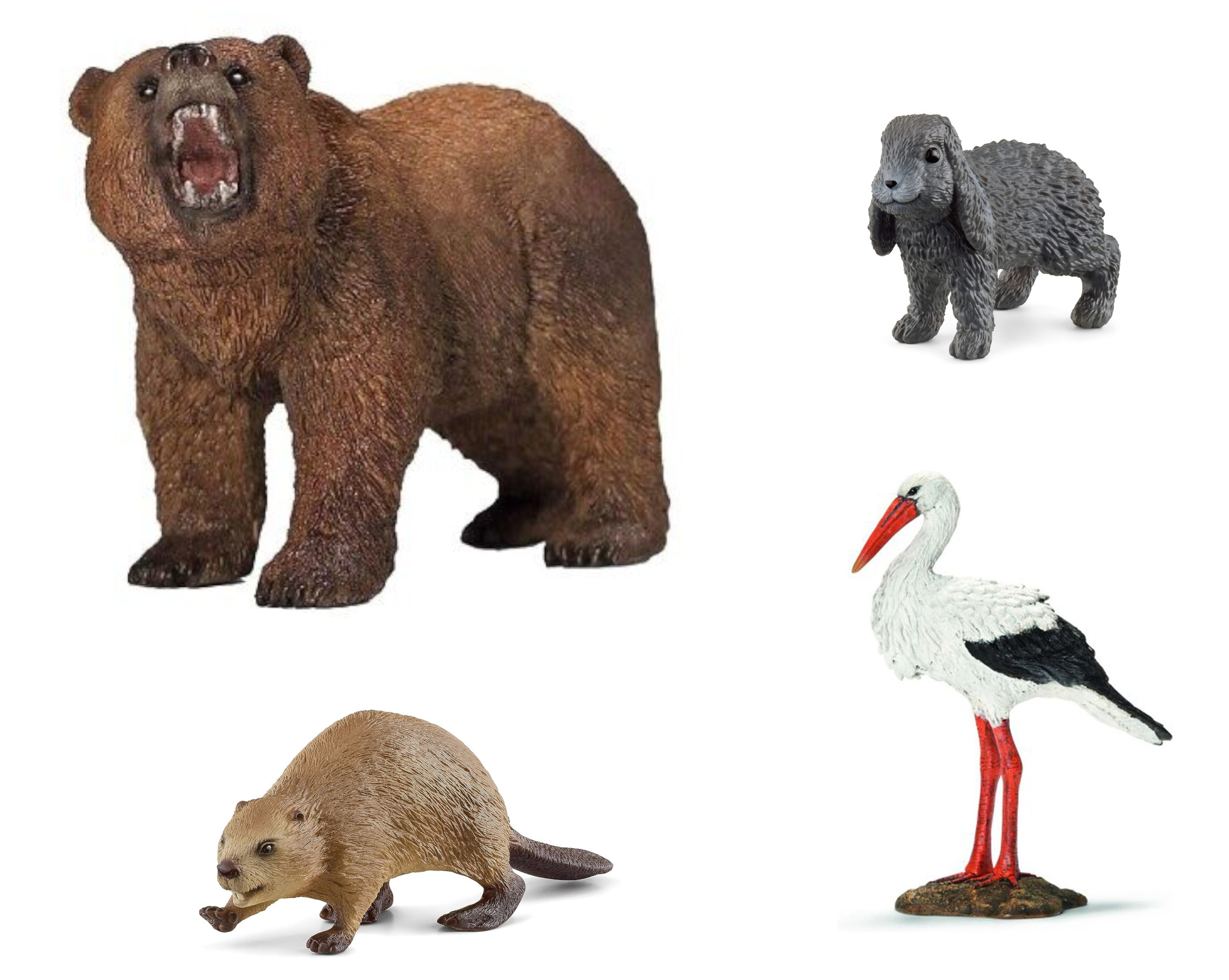 Spielfiguren: Bär, Hund, Biber und Storch. Weißer Hintergrund, verschiedene Posen.