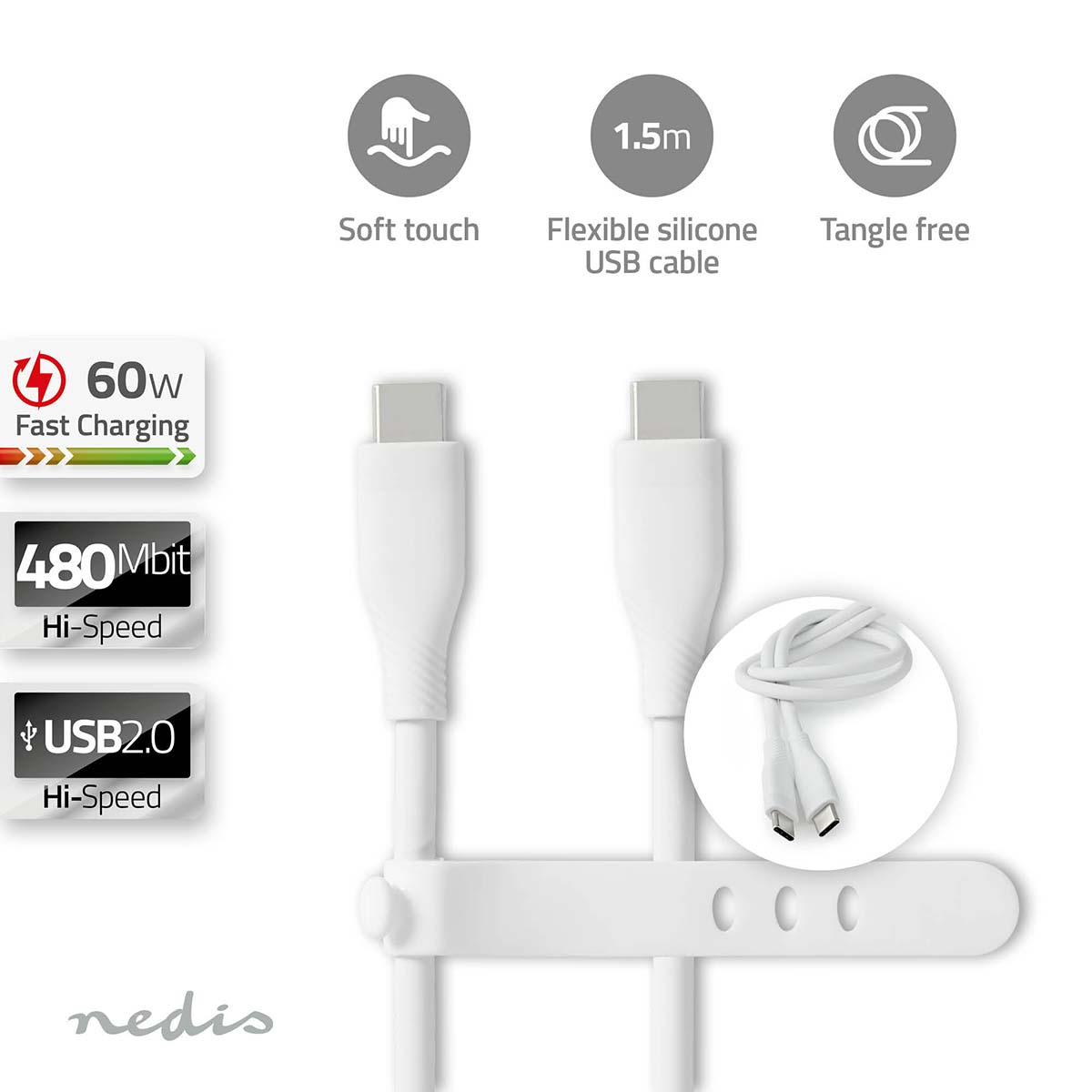Weißes USB-Kabel mit zwei Anschlüssen. Es hat einen weißen Riemen mit dem Wort "nedis" darauf.