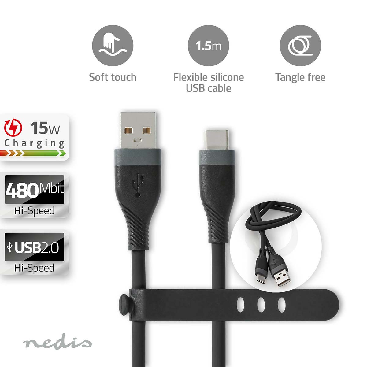 USB cable with two ends and a black holder, with graphic icons and text about features.