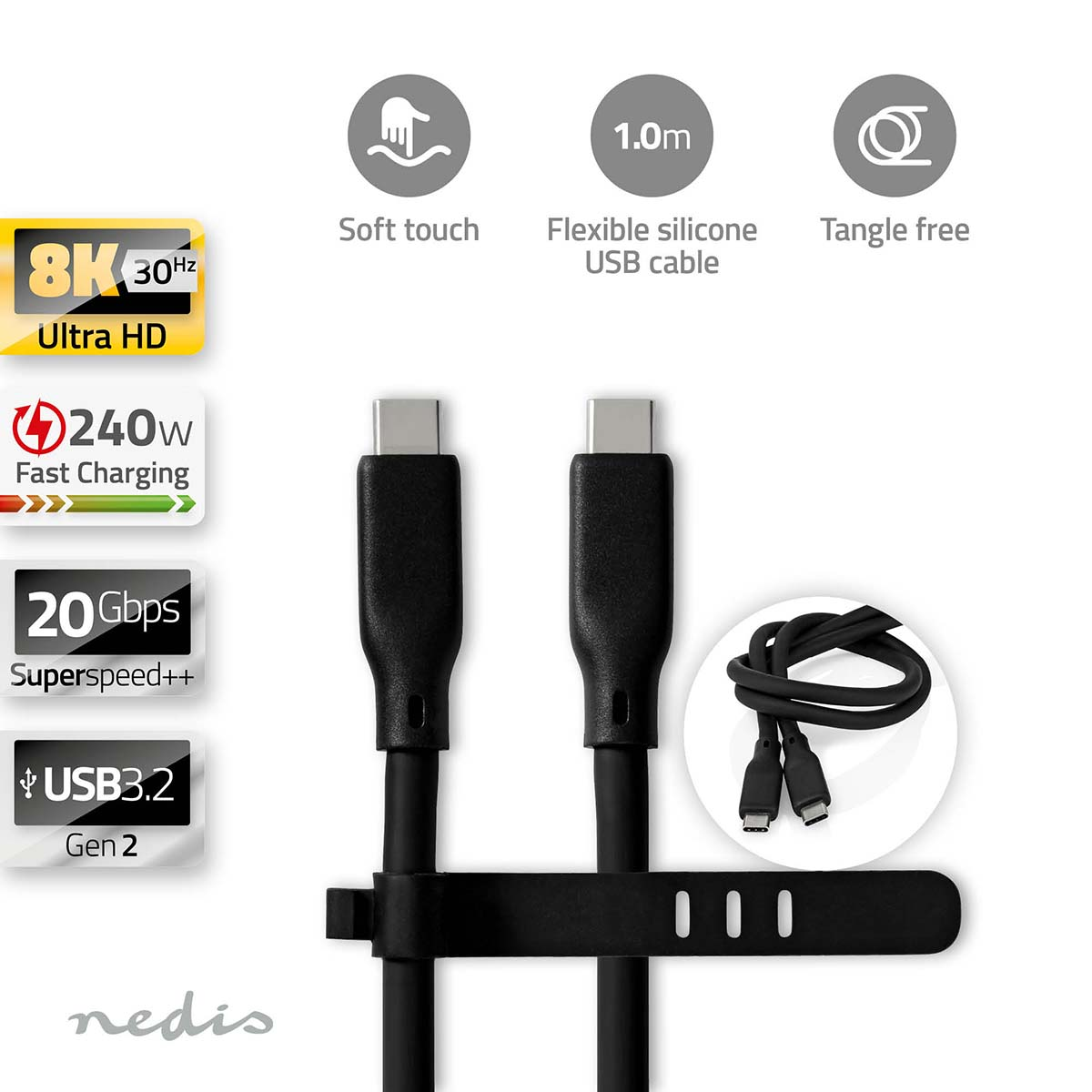 A black USB-C cable with 8K, fast charging, and high data transfer rate icons and text. The cable is black.