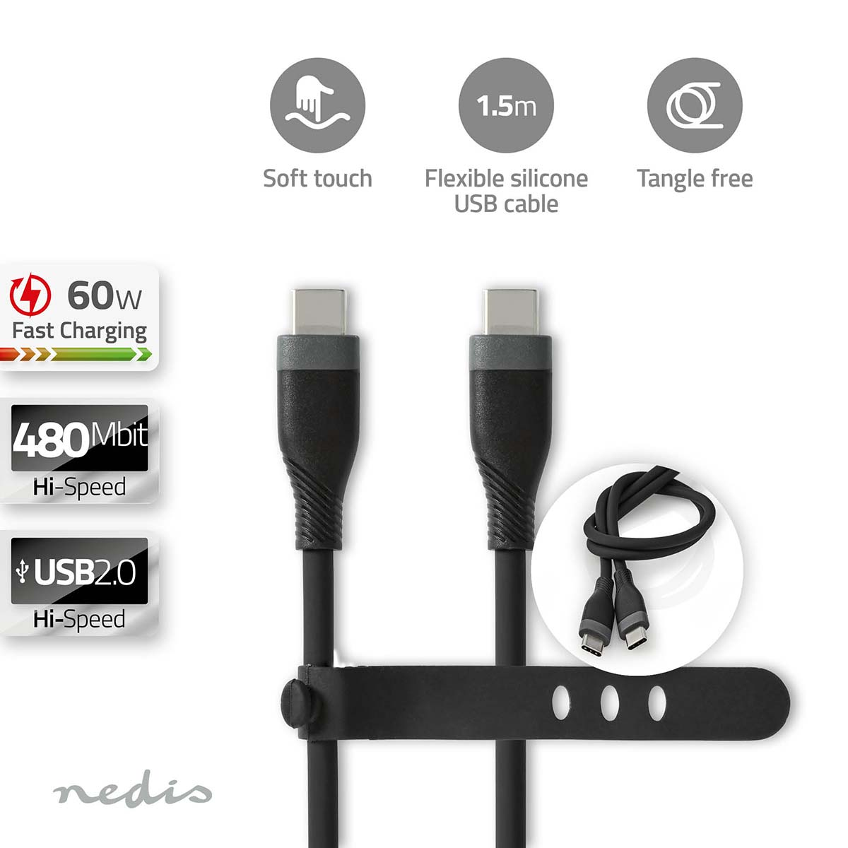 Ein schwarzes USB-Kabel mit einer Länge von 1,5 m, USB 2.0 und 60 W Schnelllade-Etiketten, mit einem schwarzen Riemen.