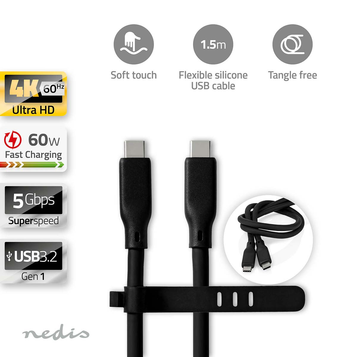Ein schwarzes USB-C-Kabel mit 4K Ultra HD und 60W Schnelllade-Etikett.