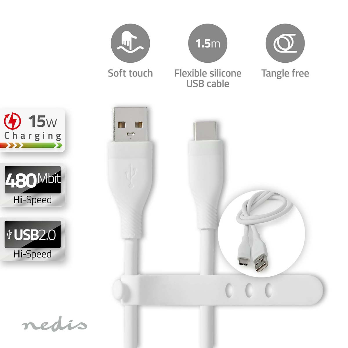 White USB cable with connectors and icons indicating features.