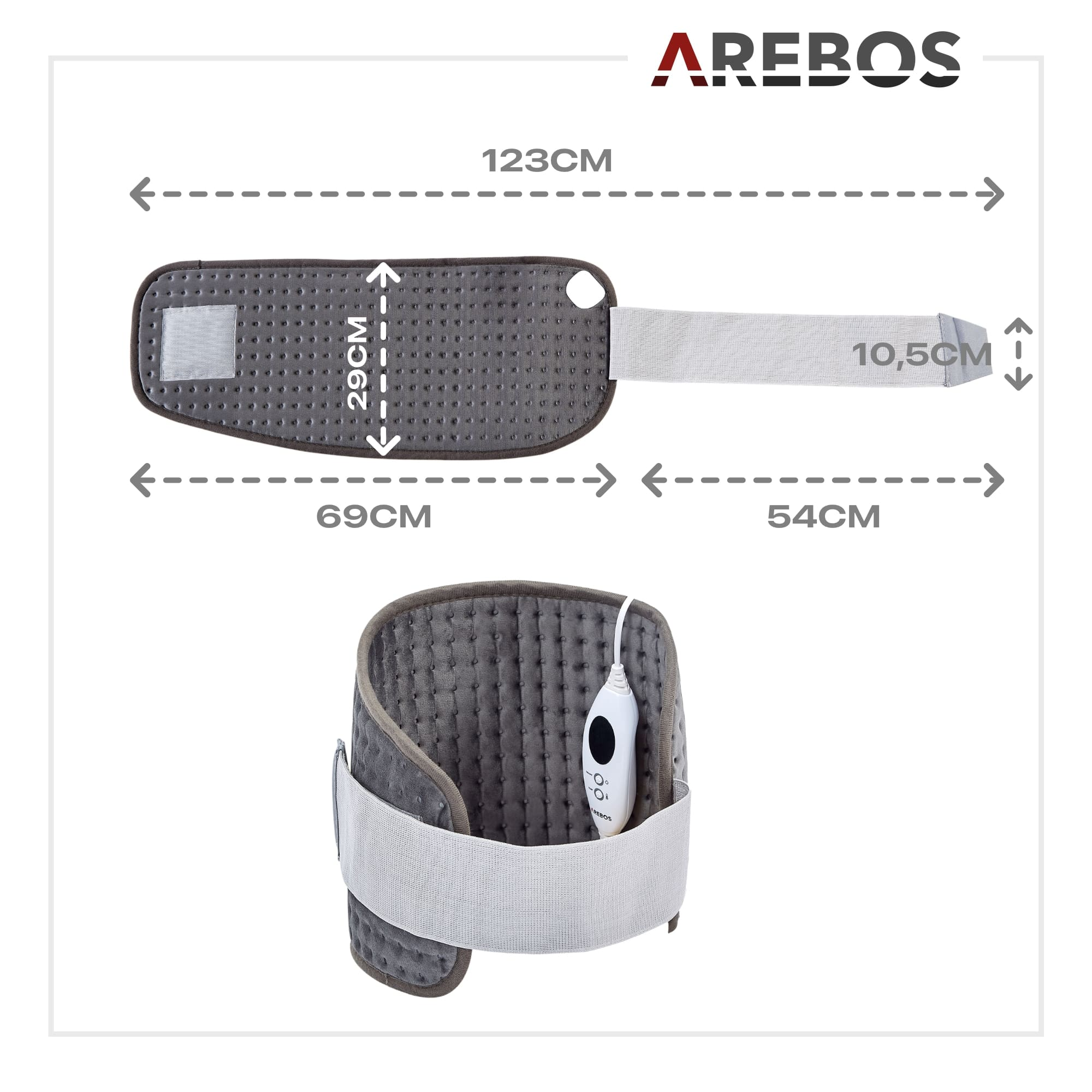 verstellbarem AREBOS Anthrazit Klettverschluss Band und Heizkissen Wärmegürtel mit