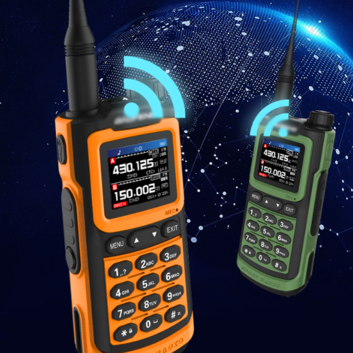 Zwei orange und grüne Walkie-Talkies mit Displays, vor digitalem Hintergrund.