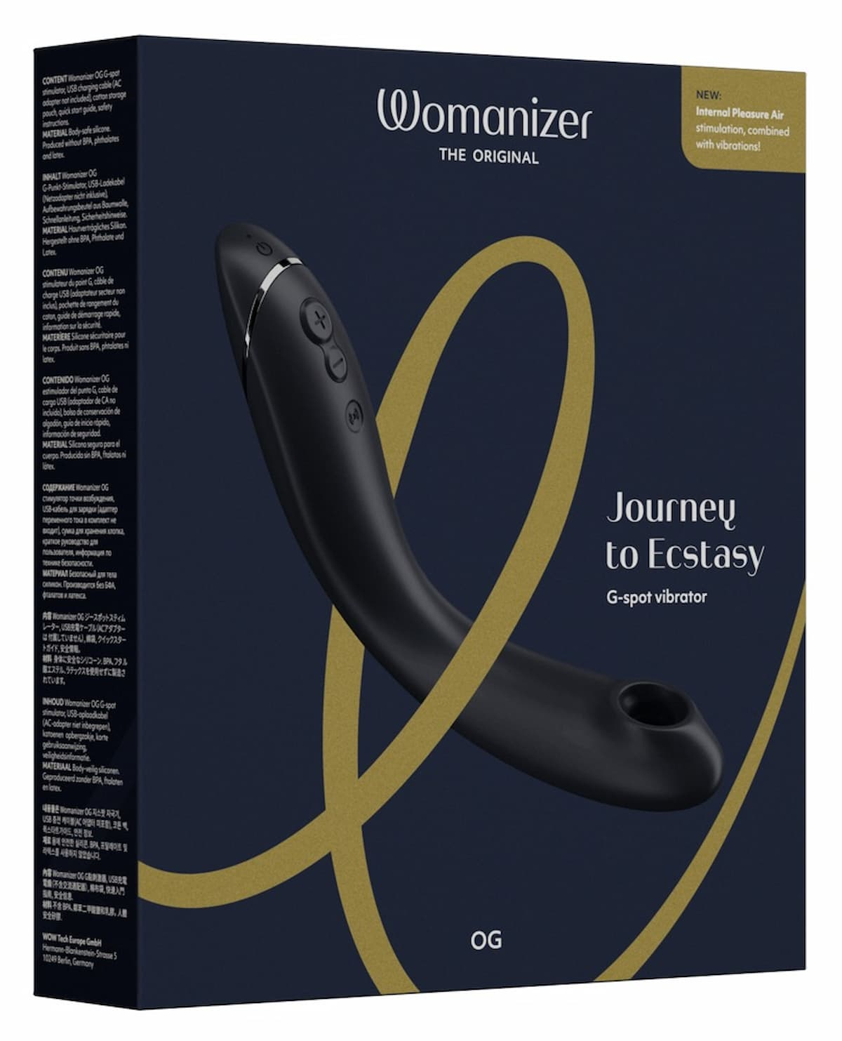 Ein schwarzer Vibrator in einer marineblauen Box mit Text und Bildern.