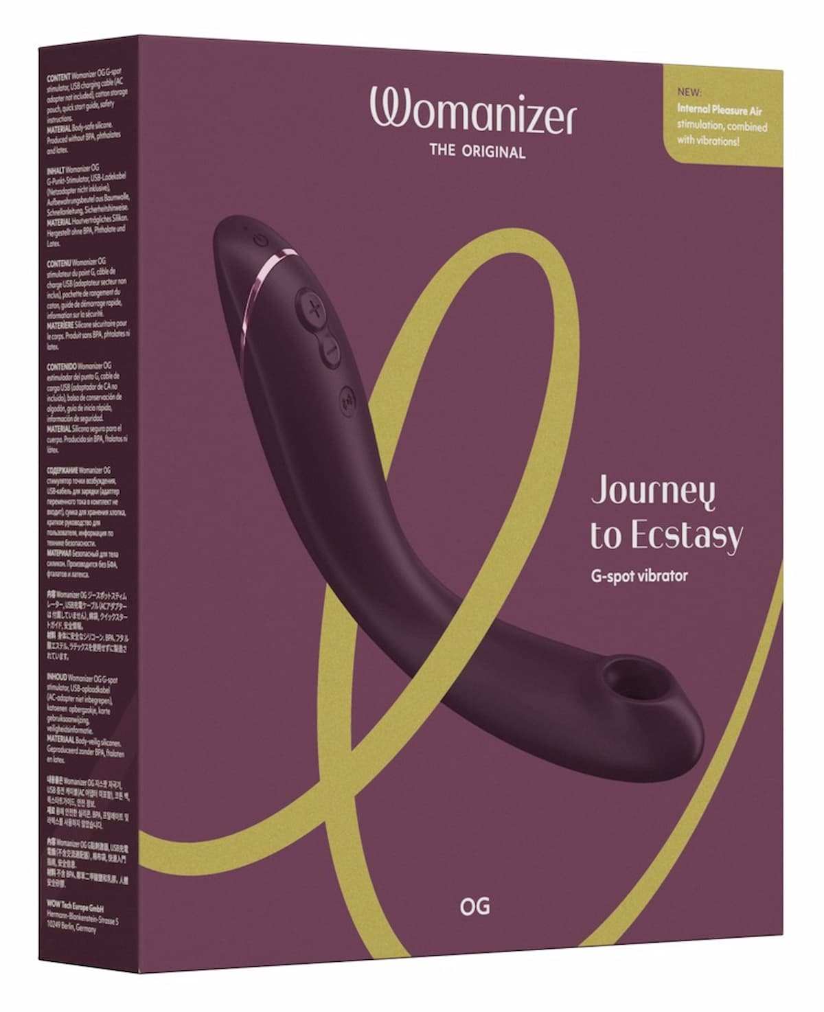 Schachtel mit einem schwarzen Vibrator. Der Text lautet 'Womanizer: The Original Journey to Ecstasy'.