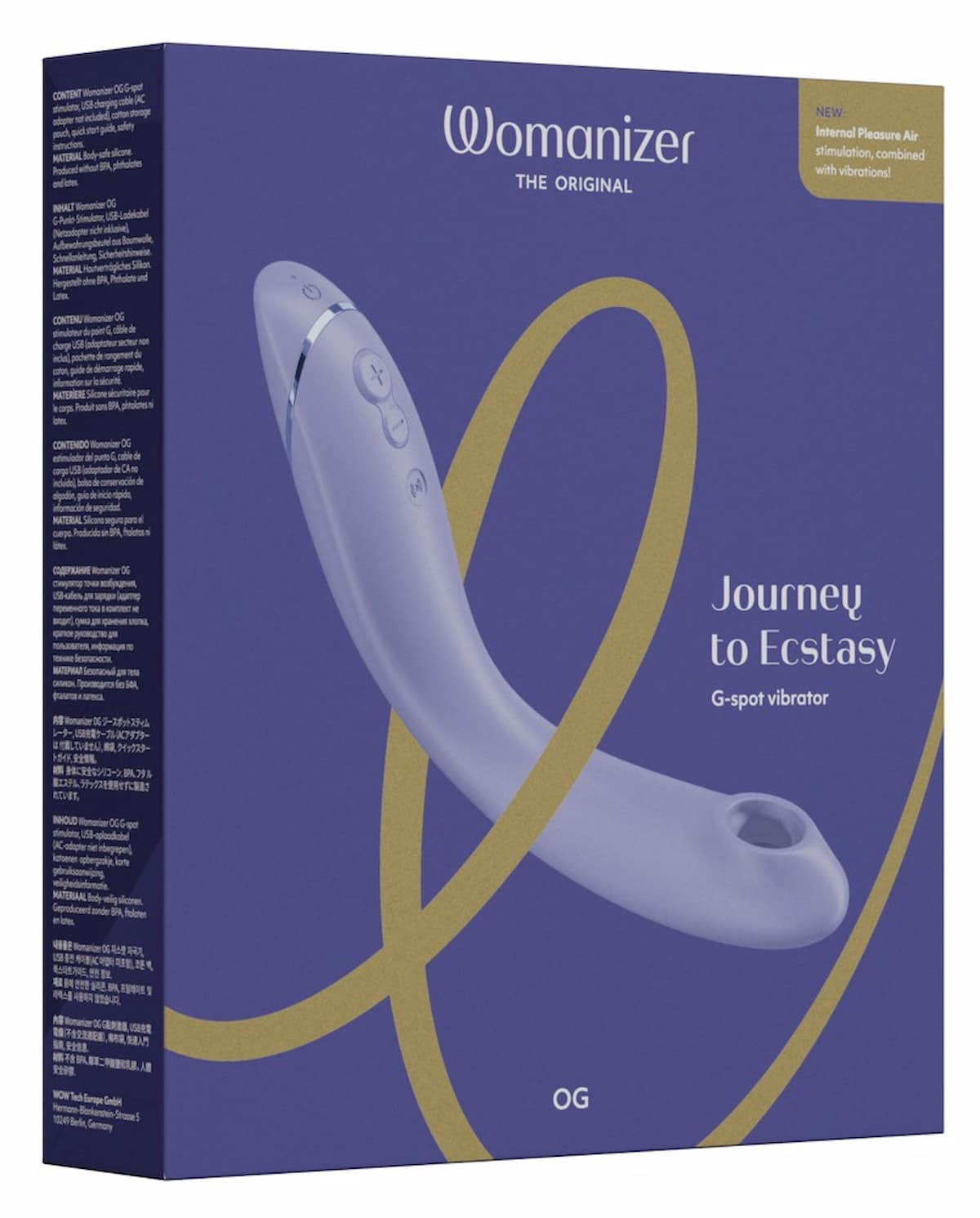 Schachtel des 'Womanizer'-Geräts. Es hat einen hellblauen Vibrator und den Text 'Journey to Ecstasy'.