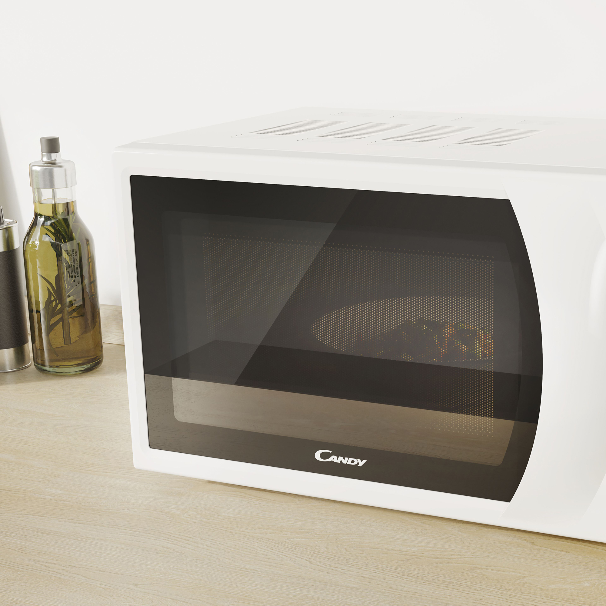 Biała kuchenka mikrofalowa z czarnymi drzwiami na drewnianej powierzchni.