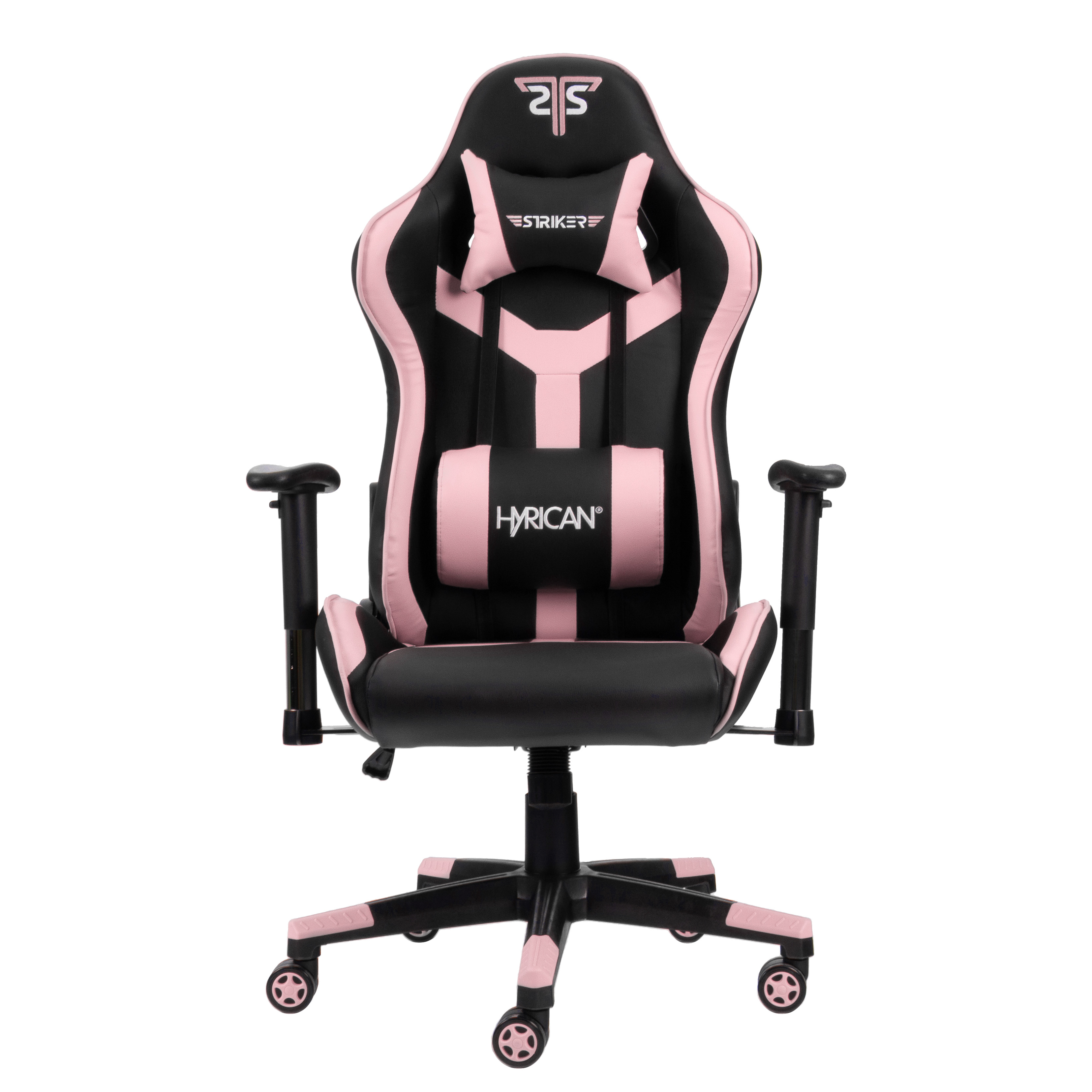 Gaming-Stuhl, schwarz und rosa, mit Kopfstütze und Lordosenstütze.