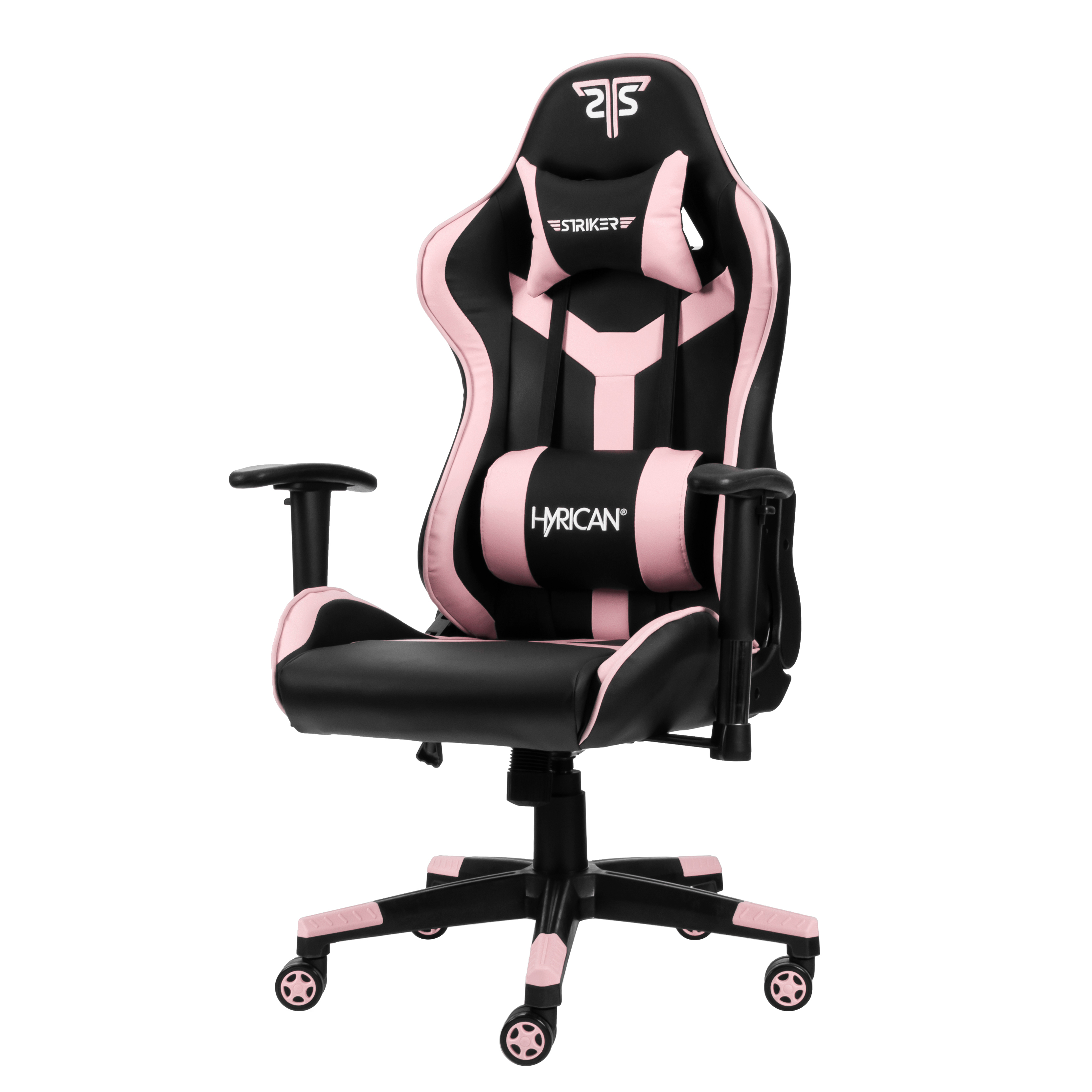 Ein pink-schwarzer Gaming-Stuhl mit 'HYRICAN'-Logo auf der Kopfstütze. Er hat ein schwarzes Gestell und pinke Rollen.