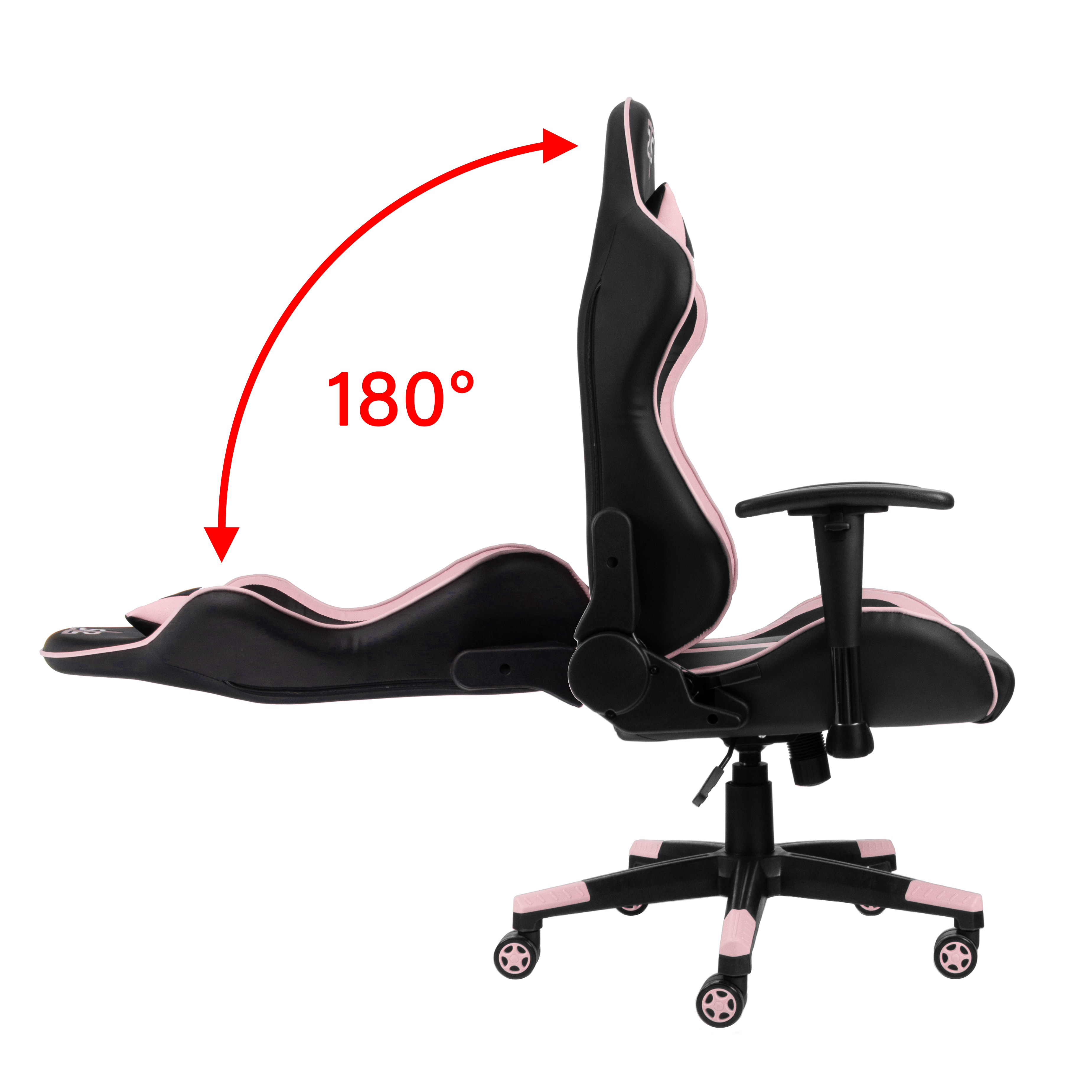 Gaming-Stuhl um 180 Grad zurückgelehnt, mit rosa und schwarzem Design.