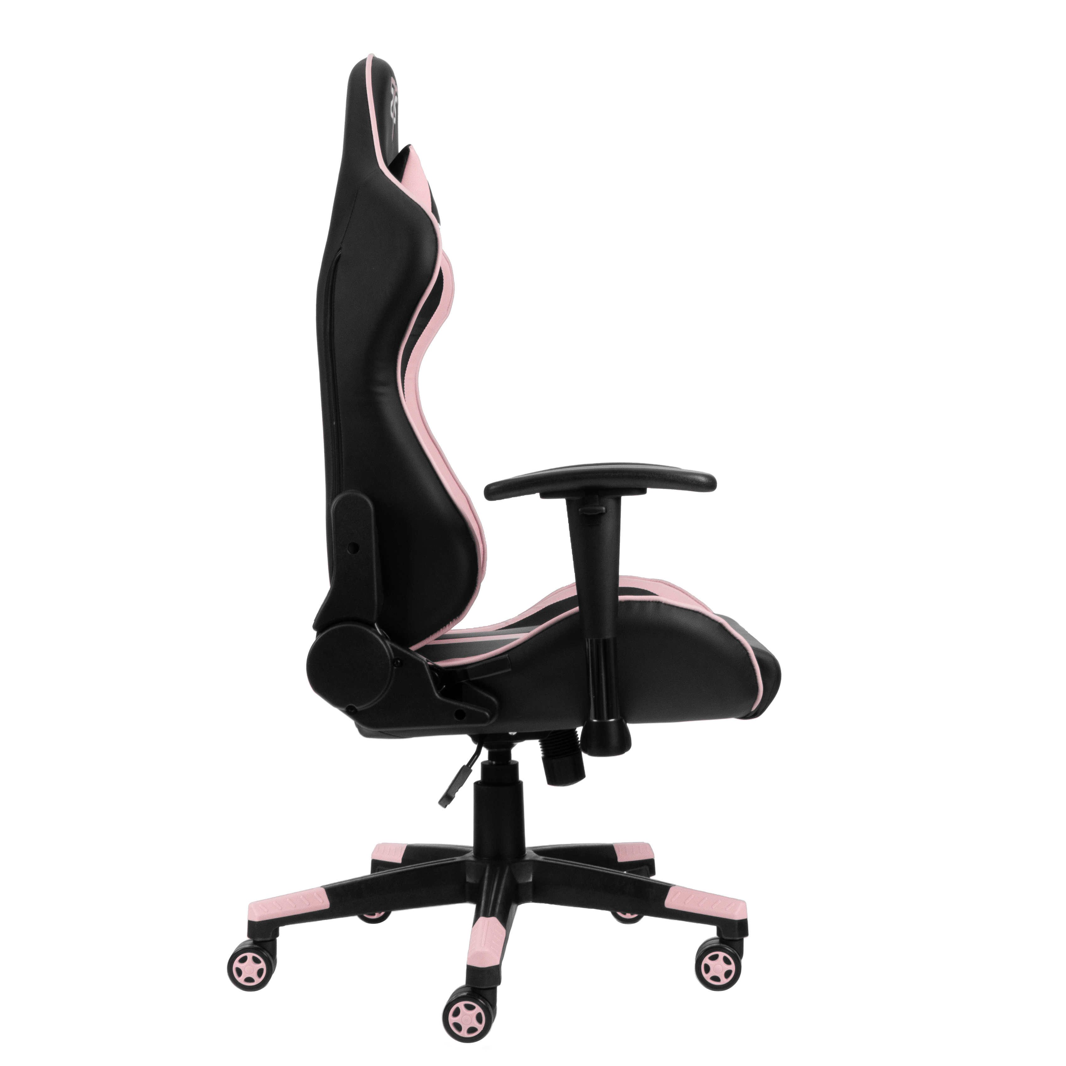 Gaming-Stuhl, schwarz und pink, Seitenansicht, auf weißem Hintergrund.