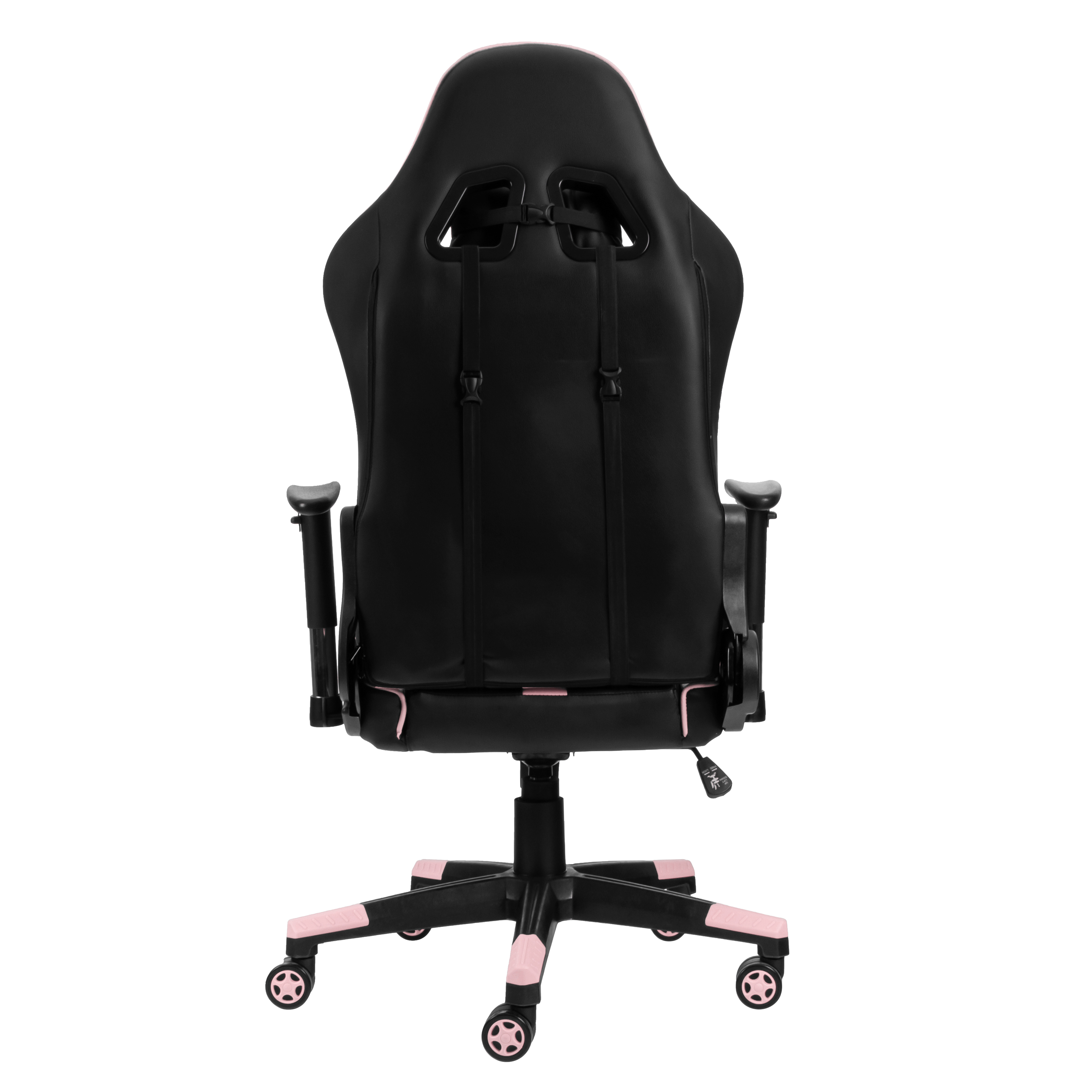 Rückansicht eines schwarz-rosa Gaming-Stuhls. Zeigt Rückenlehne, Armlehnen und Untergestell.