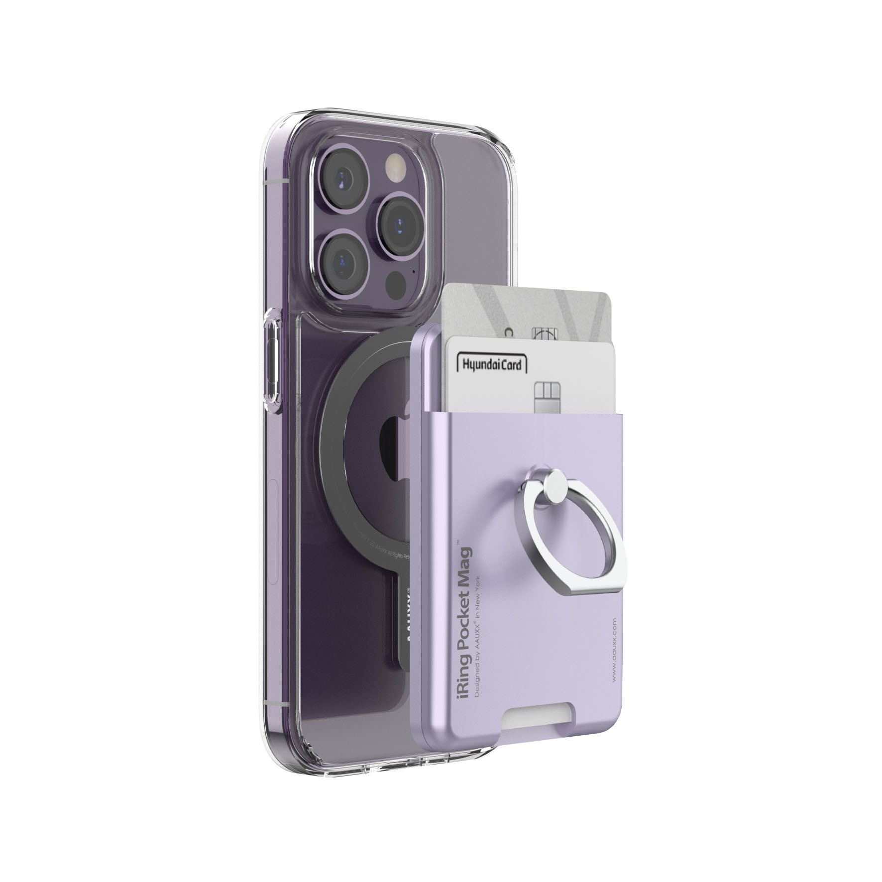 Ein Telefon mit Hülle und einem daran befestigten Portemonnaie, mit einer Karte sichtbar. Die Hülle hat einen Magneten.