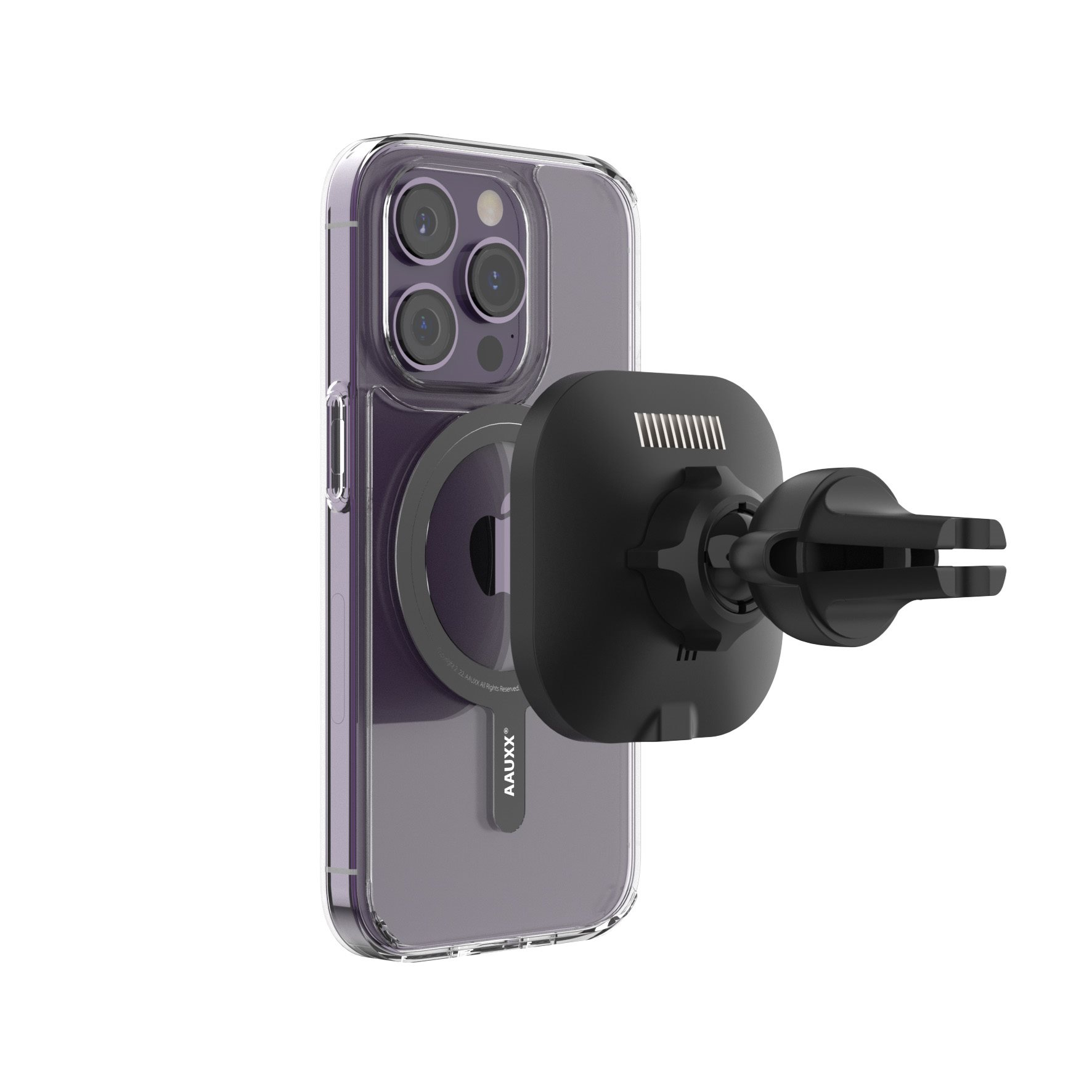 Telefon in einer transparenten Hülle an einer Lüftungshalterung befestigt. Das Telefon hat mehrere Kameras.