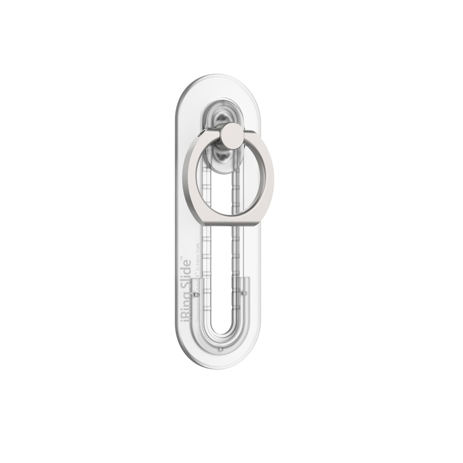 Weißer und silberner iRing-Telefonhalter. Ovale Form mit Ring. Weißer Hintergrund.