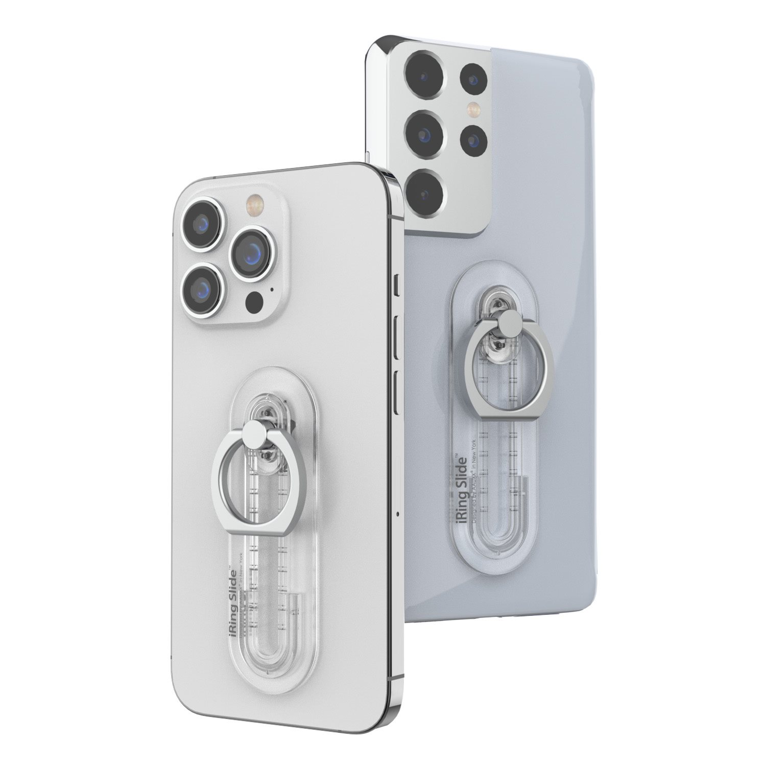 Zwei Telefone mit iRing Slide, zeigen Ringbefestigung für das Telefon.