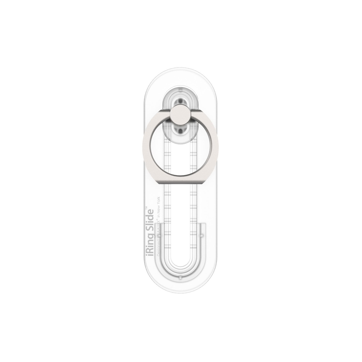 Klarer Telefon-Ringhalter mit silbernem Ring. Der Halter befindet sich auf einer weißen Oberfläche.