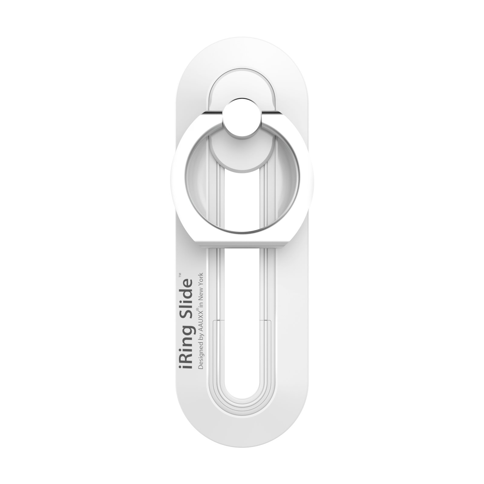 Ein weißer Telefonringhalter mit einem Ring und einer langen Basis, entworfen von iRing Slide, New York.