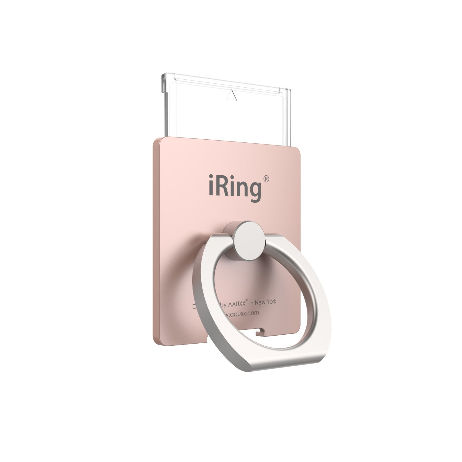 Roségoldener iRing-Telefonring mit einem durchsichtigen Kunststoff-Tab und einem silbernen Ring.