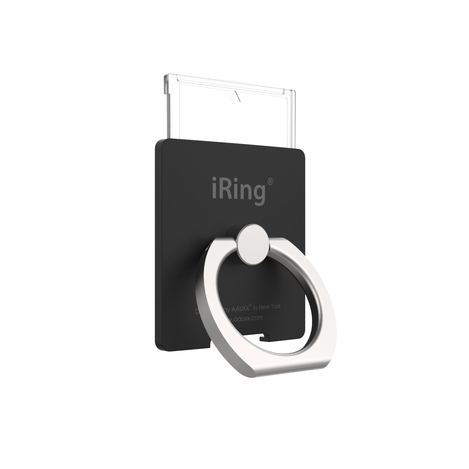 Ein schwarzer iRing-Telefonhalter mit einem silbernen Ring, befestigt auf einer weißen Oberfläche.