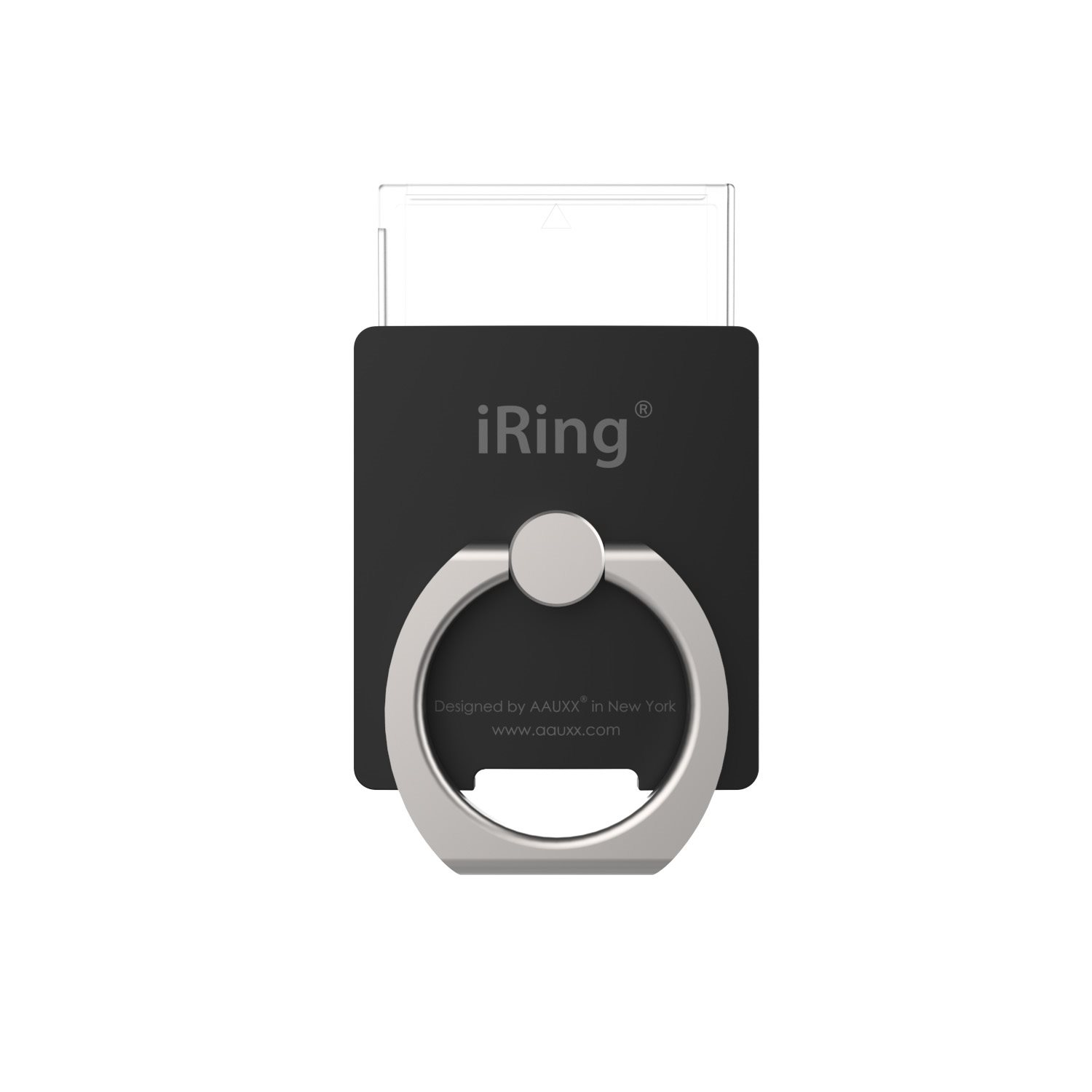 Schwarzer iRing-Telefonhalter mit silbernem Ring. Er hat das iRing-Logo und Text.