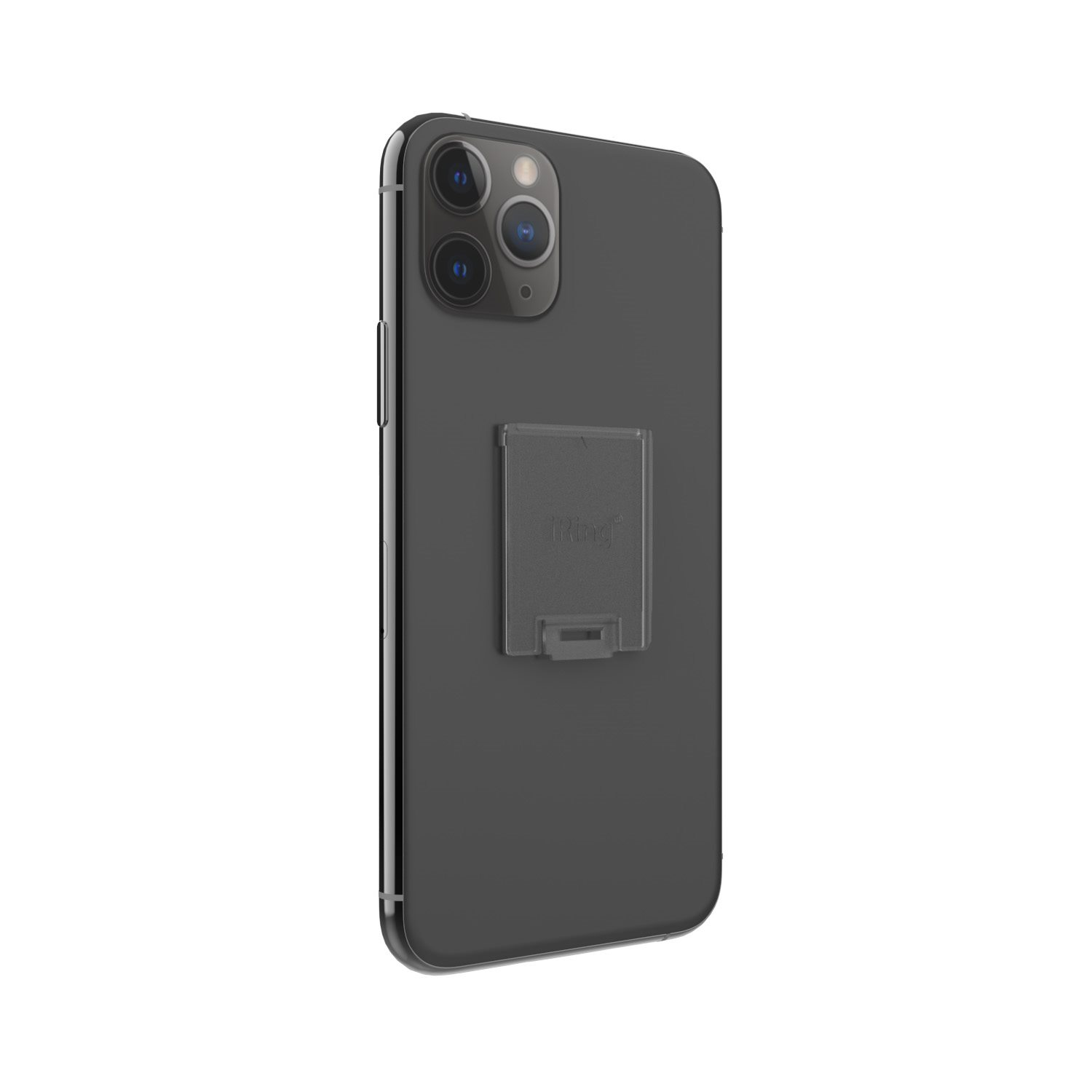 Schwarzes iPhone mit einem Telefonständer auf der Rückseite.