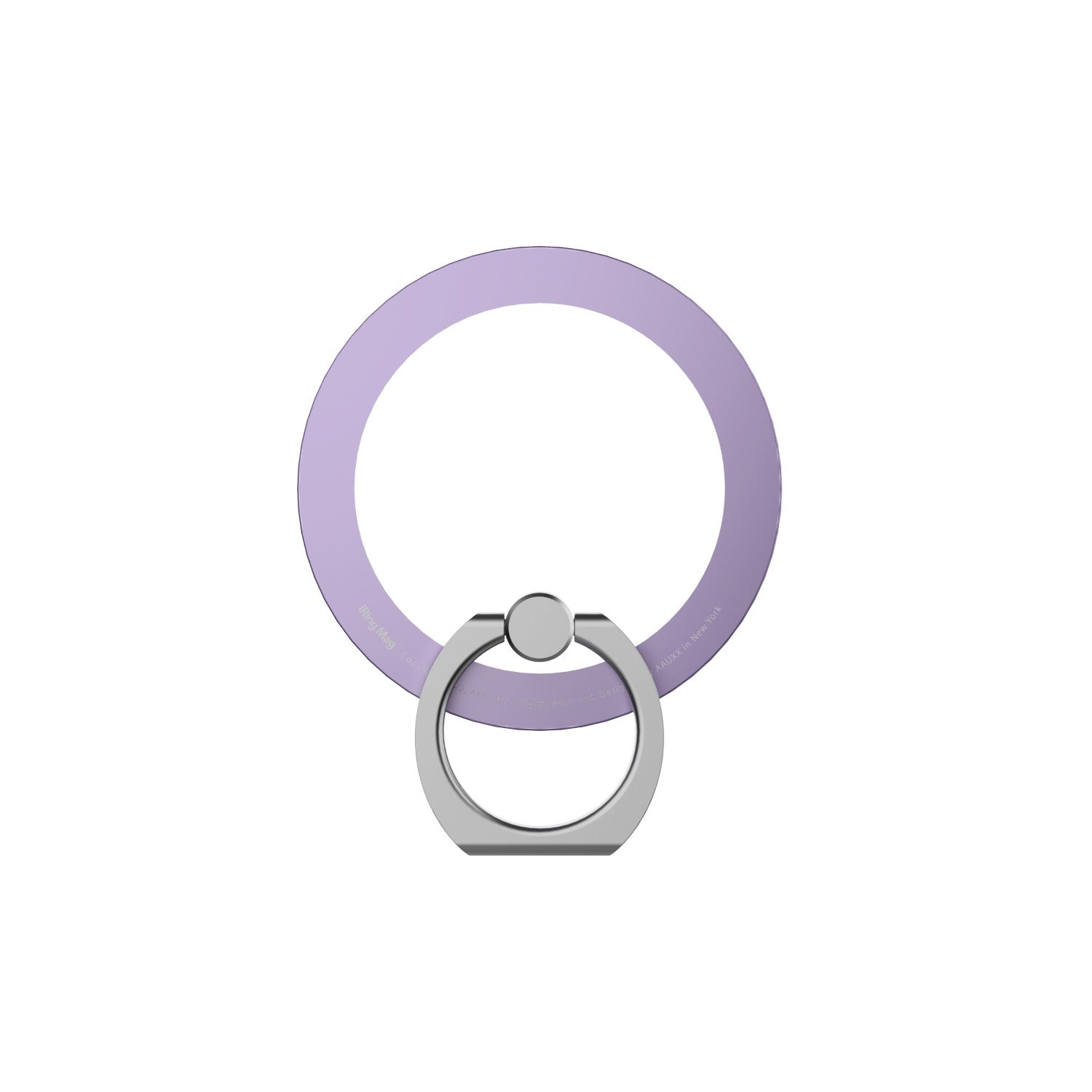 Ein lila Telefonringhalter. Es ist ein Kreis mit einem silbernen Ring. Weißer Hintergrund.