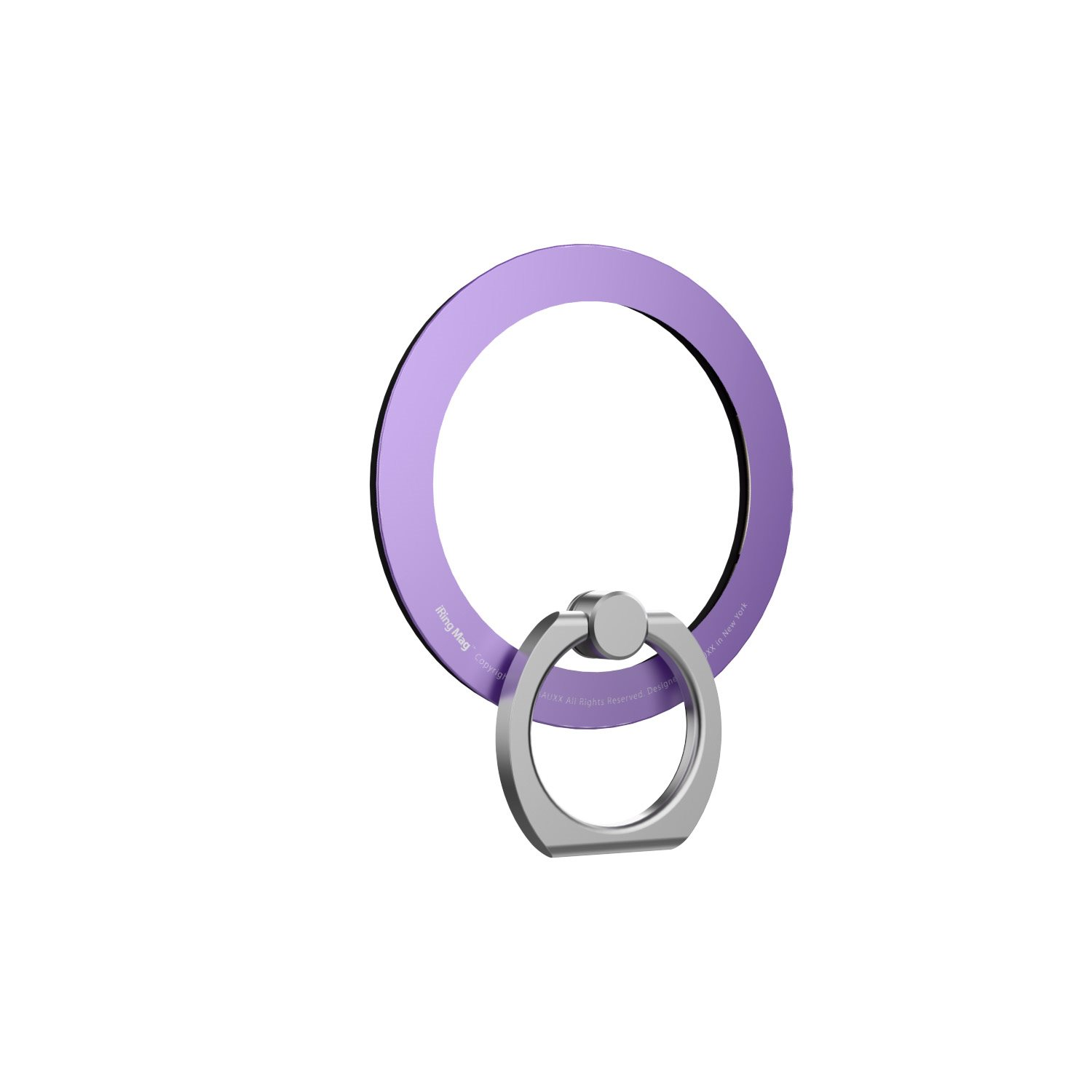 Ein lila Ring-Telefonhalter mit einem silbernen Ring auf weißem Hintergrund.