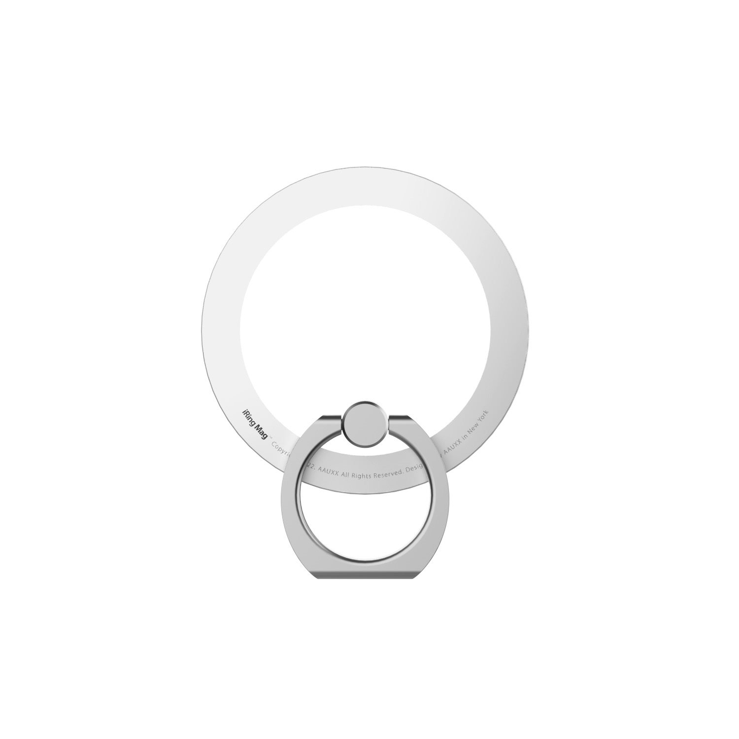 Ein silberner Ring-Telefonhalter. Der Halter hat die Form eines Rings mit einem kleineren Ring in der Mitte.
