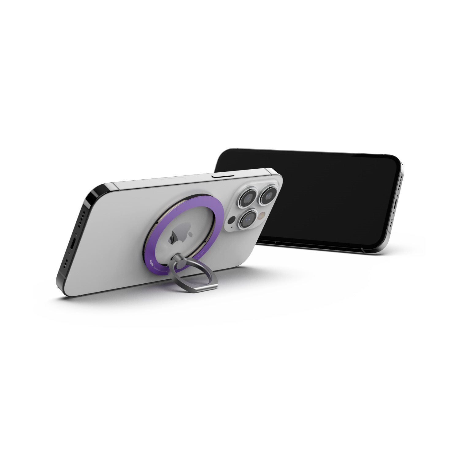 Zwei iPhones mit einem lila Ring-Telefonhalter. Ein Telefon liegt mit der Vorderseite nach oben, das andere nach unten.