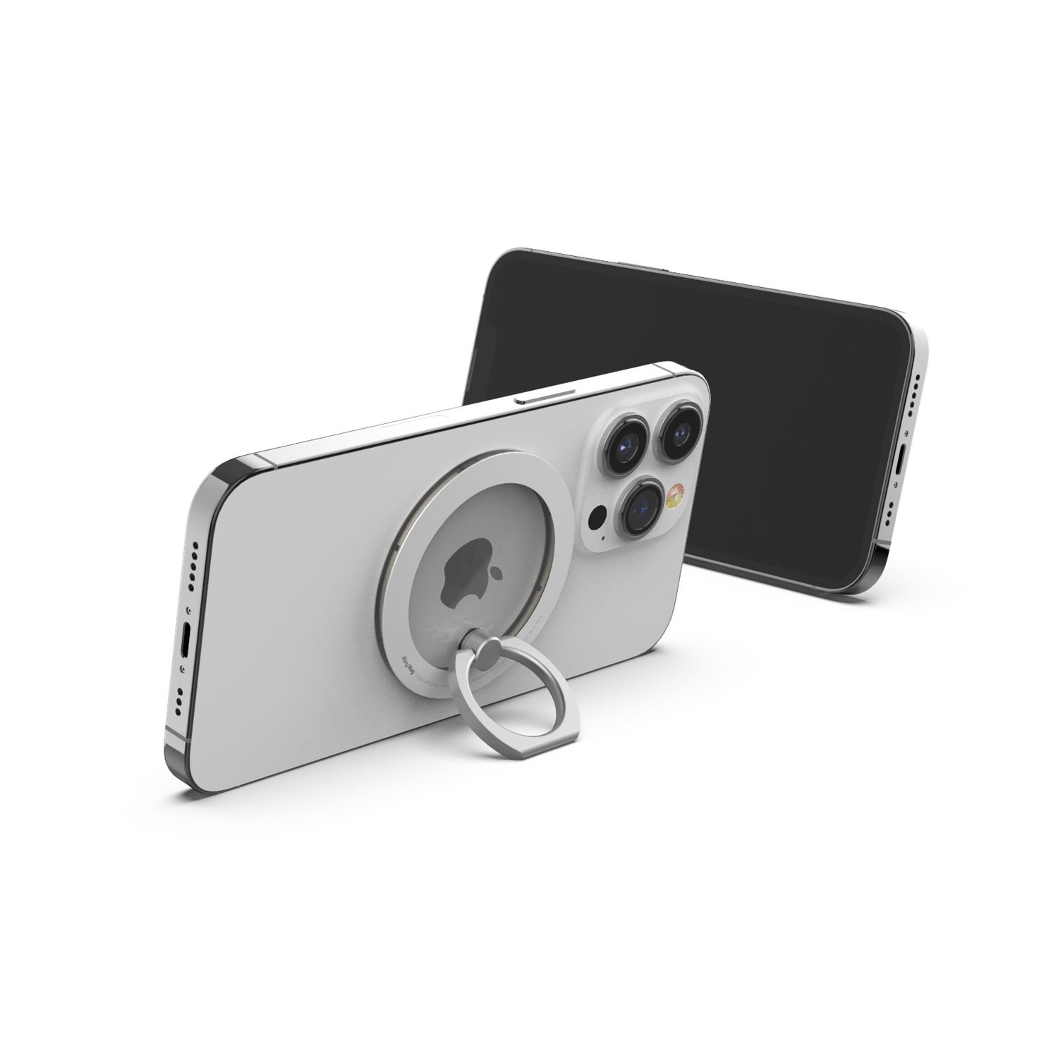 Zwei weiße iPhones mit einem silbernen Ringhalter, der an einem befestigt ist, zeigen das Apple-Logo.