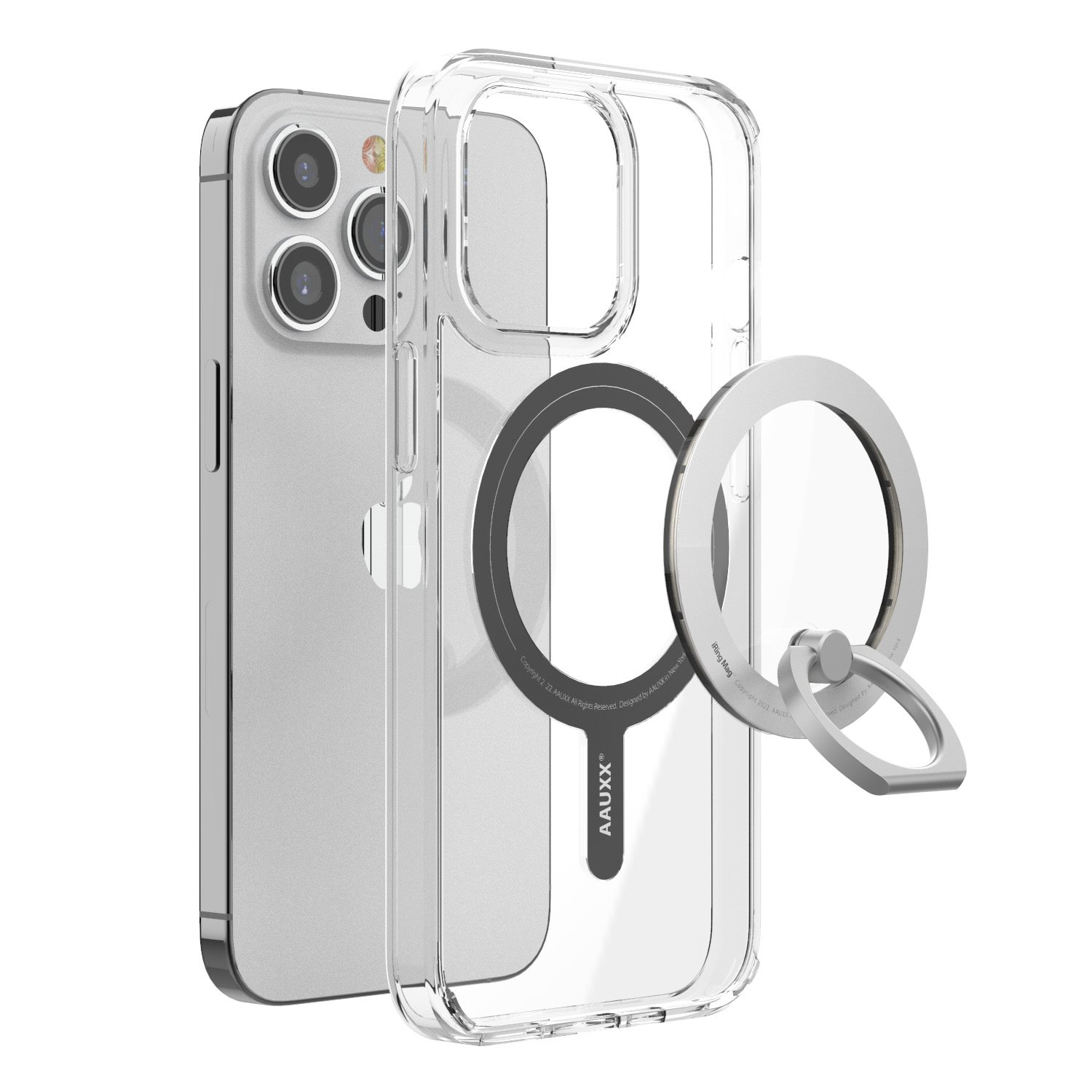 Handyhülle mit Telefon, Ringhalter. Transparente Hülle, silberner Ringhalter, weißes Telefon.