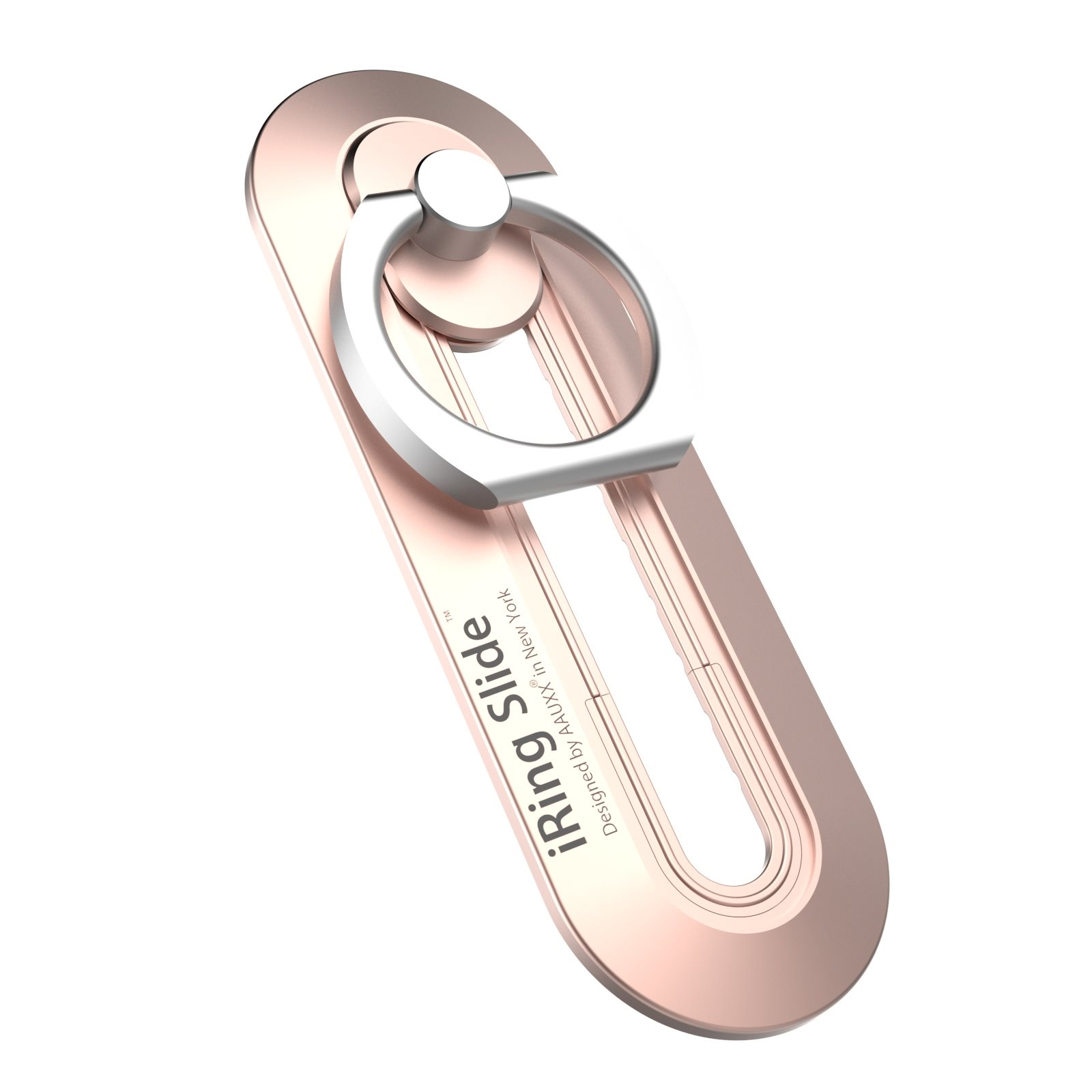 Roségoldener Telefonringhalter. Der Ring ist silber. Weißer Hintergrund. iRing Slide Text.
