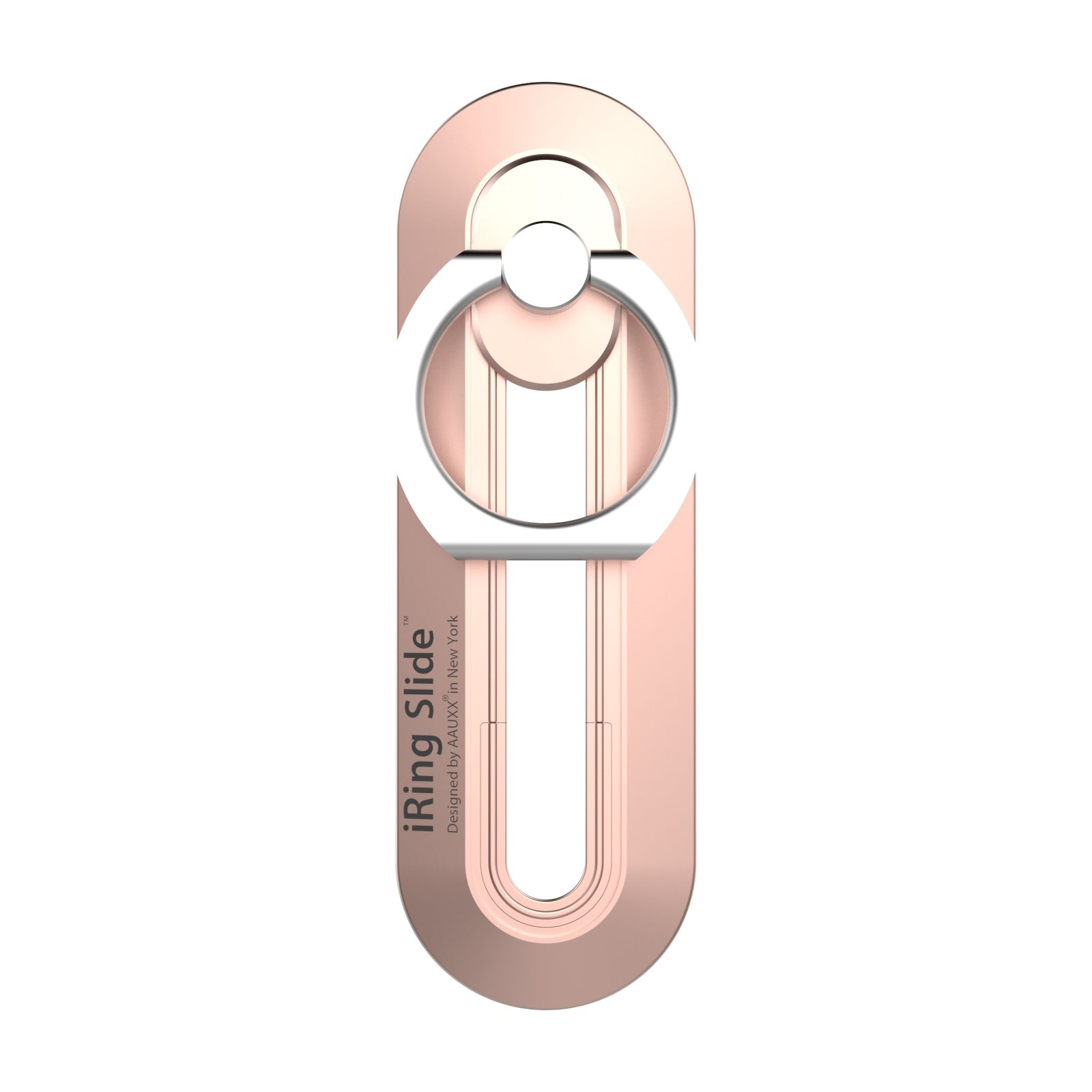 Roségoldfarbener Telefonringhalter mit weißem Ring. Entworfen von MUUVY in New York.