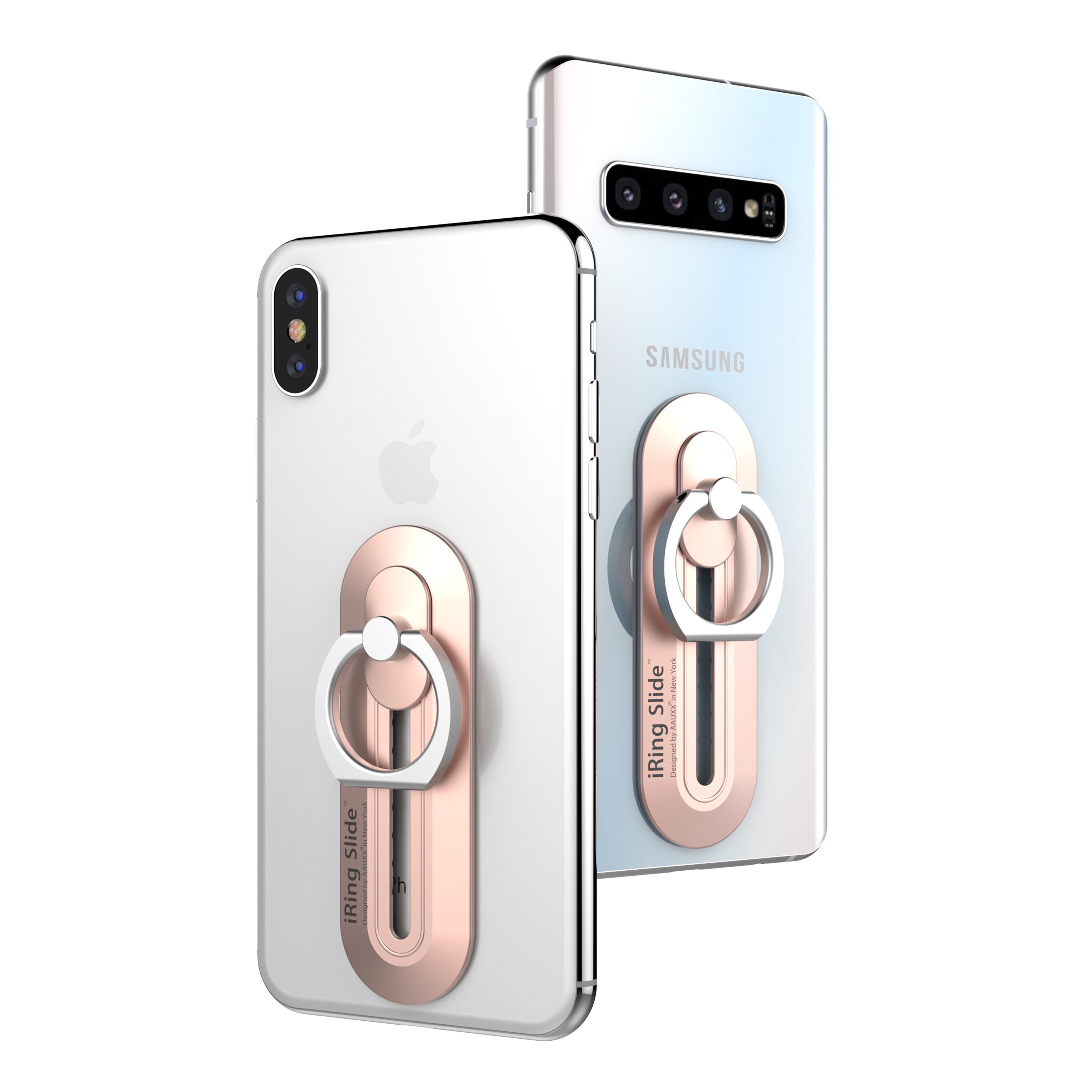 Zwei Telefone, eines silbernes, eines weißes, mit roségoldenen iRing Slide-Aufsätzen.