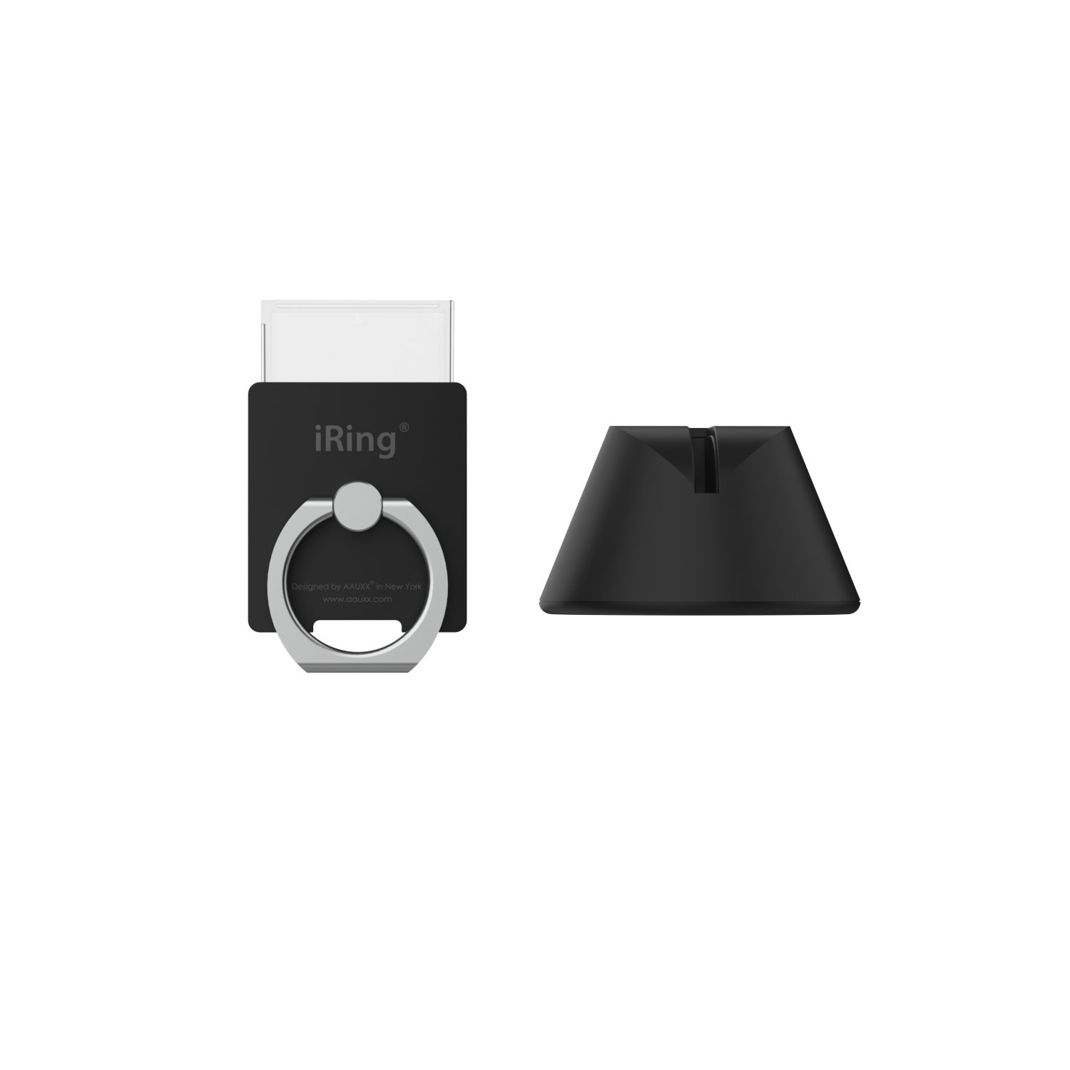 Schwarzer iRing-Telefonhalter mit Ständer. Der iRing steht auf dem Ständer.