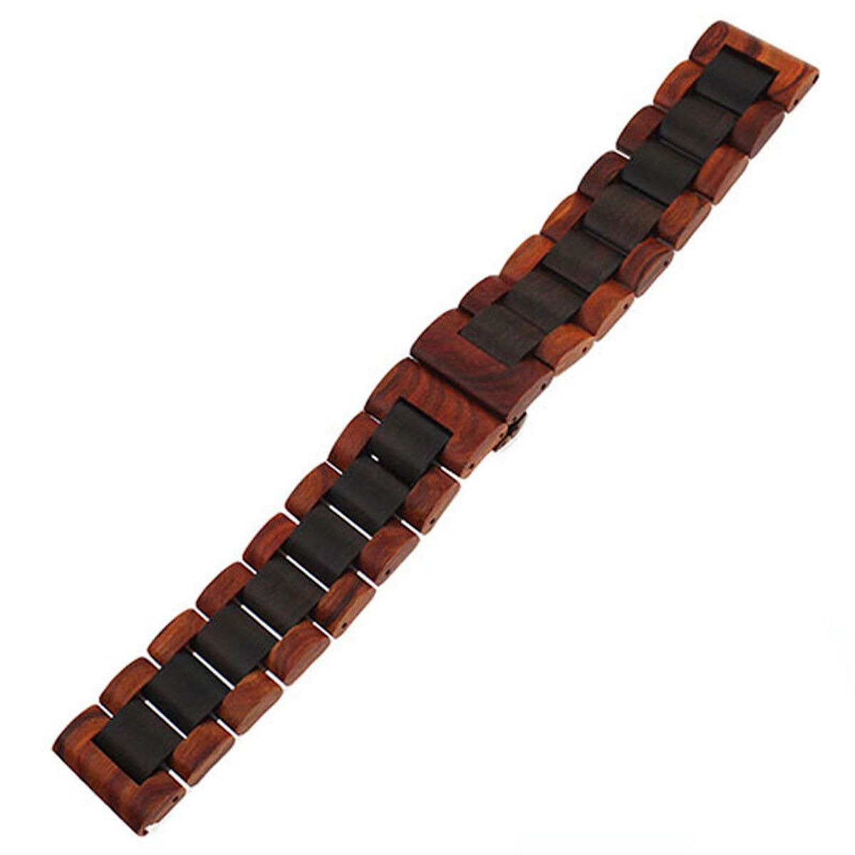 Uhrenarmband aus Holz, abwechselnd dunkle und helle Holzsegmente, mit Schließe. Von oben betrachtet.