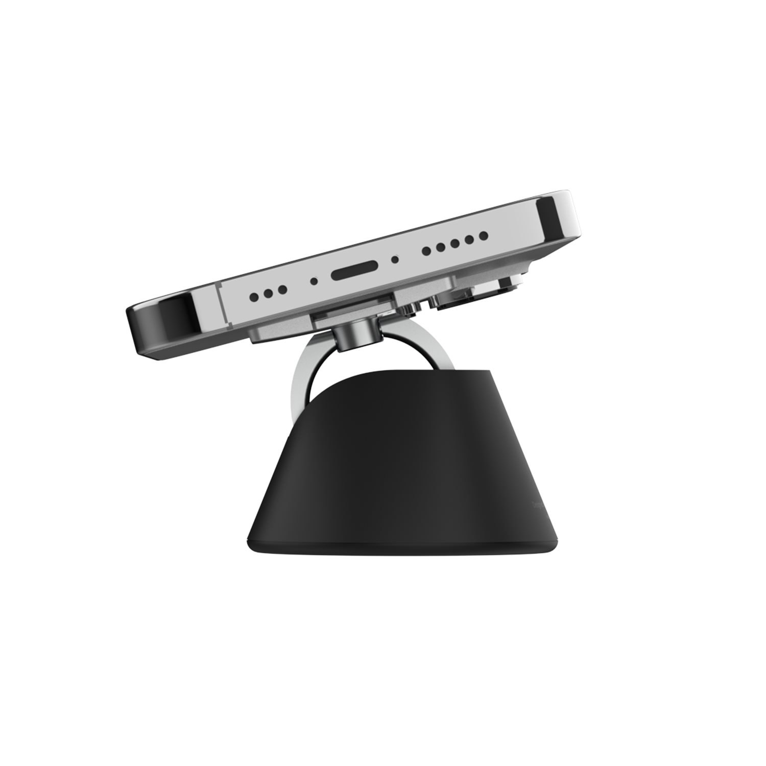 Ein silbernes Telefon ist in einem Winkel auf einem schwarzen Sockel montiert.
