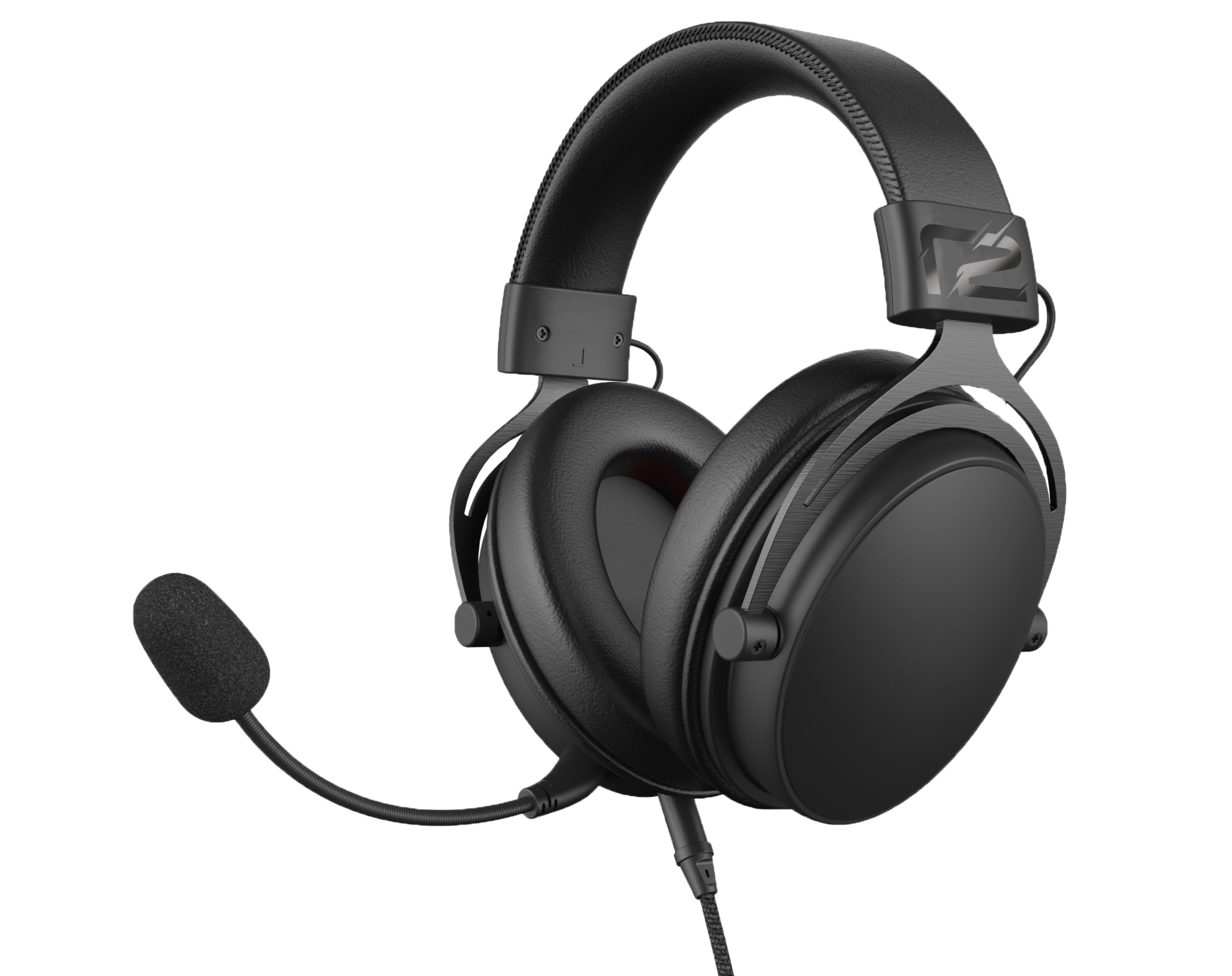 Schwarzes Gaming-Headset mit Mikrofon, nach links geneigt.